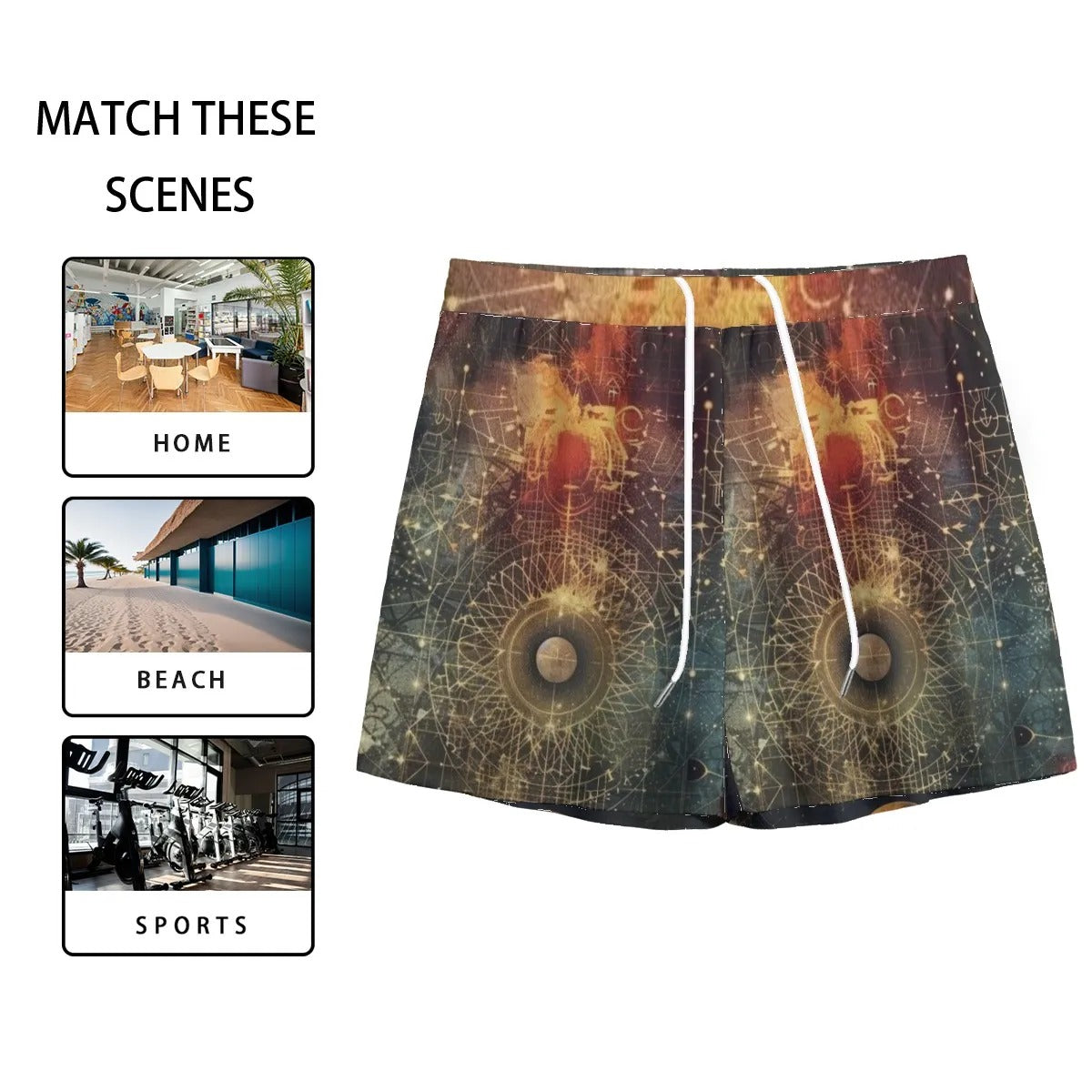 Celestial Alchemy Men's Shorts, Sacred Geometry Occult Streetwear, Sun Moon Magic Shorts for Festival, Spiritual Summer Gift