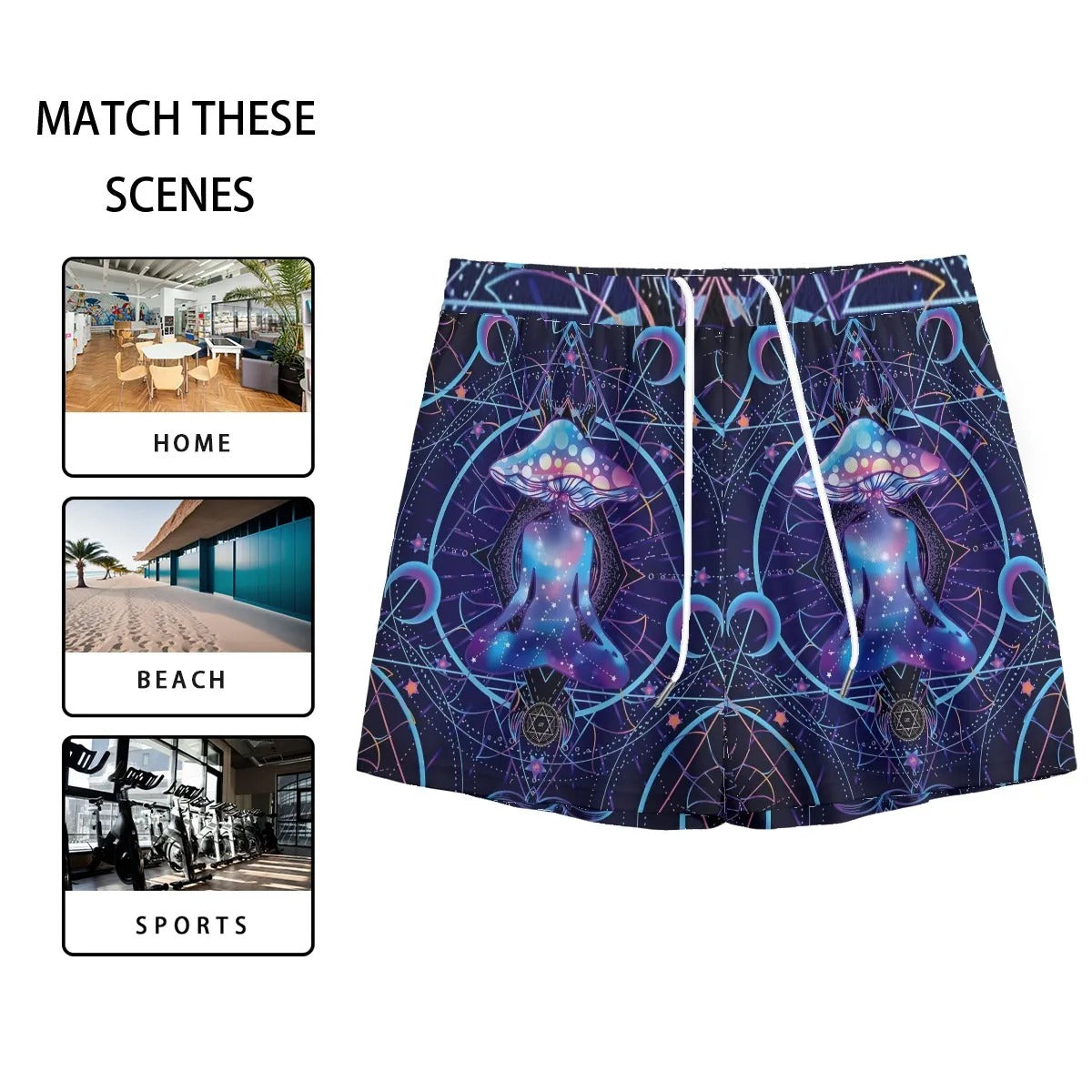 Mystic Mushroom Awakening Shorts, Psychedelic Spiritual Bottoms, Cosmic Mushroom Print Shorts, Visionary Art Festival Wear, Boho Mystic Style