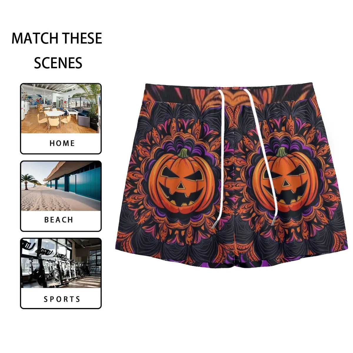 Pumpkin Mandala Magic Shorts, Halloween Jack-o’-Lantern Activewear, Spooky Mandala Art Bottoms, Gothic Fall Fitness Shorts