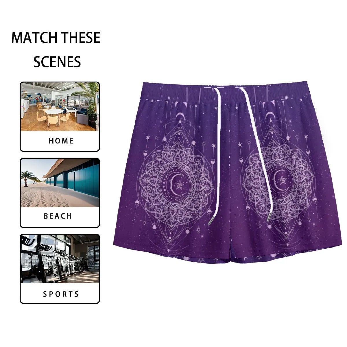 Mystic Lunar Mandala Shorts, Moon Phase Spiritual Bottoms, Celestial Lotus Print Shorts, Sacred Geometry Cosmic Wear, Boho Mystic Style