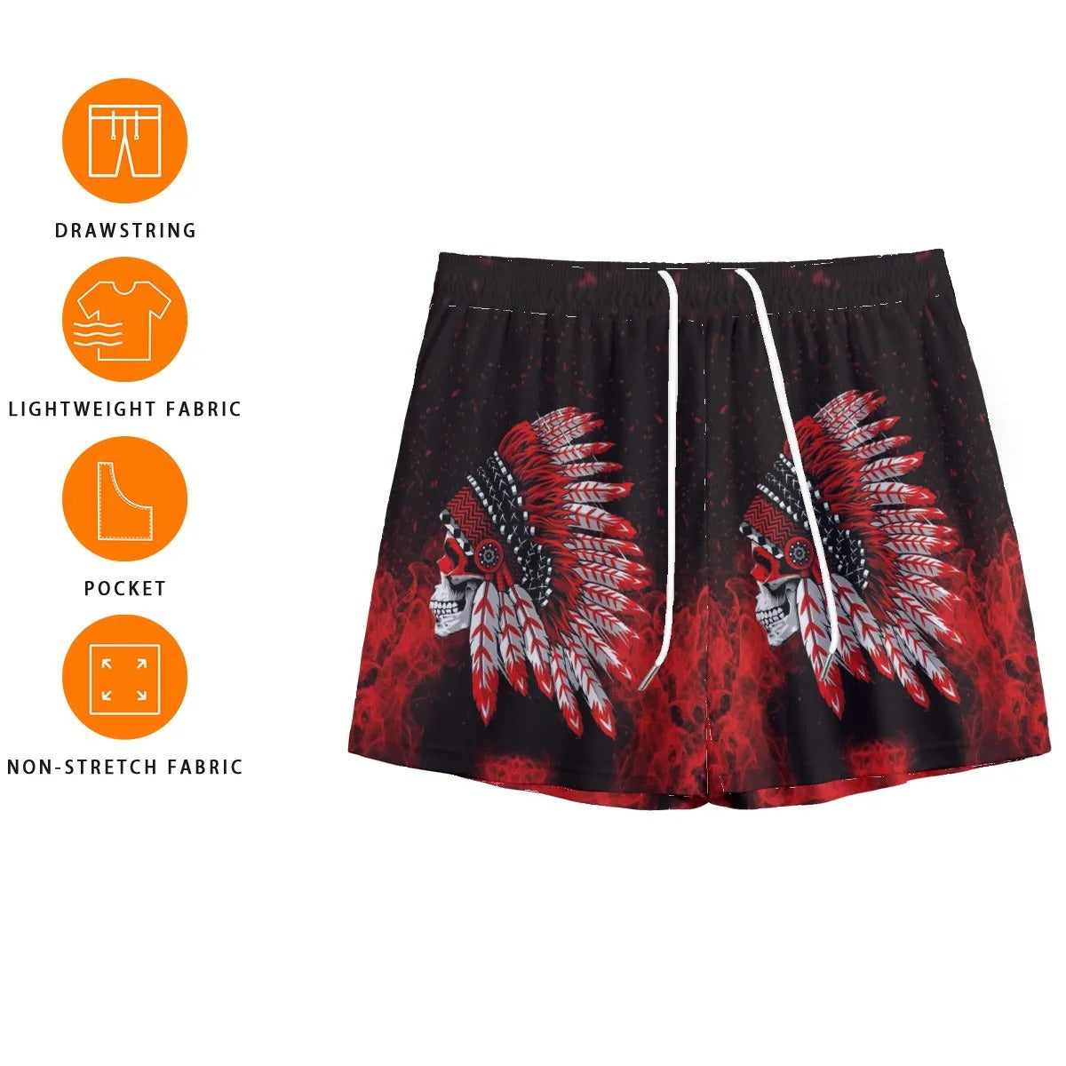 Native American Skull Shorts, Red Feather Headdress Bottoms, Tribal Gothic Shorts, Red Smoke Graphic Wear, Warrior Biker Style
