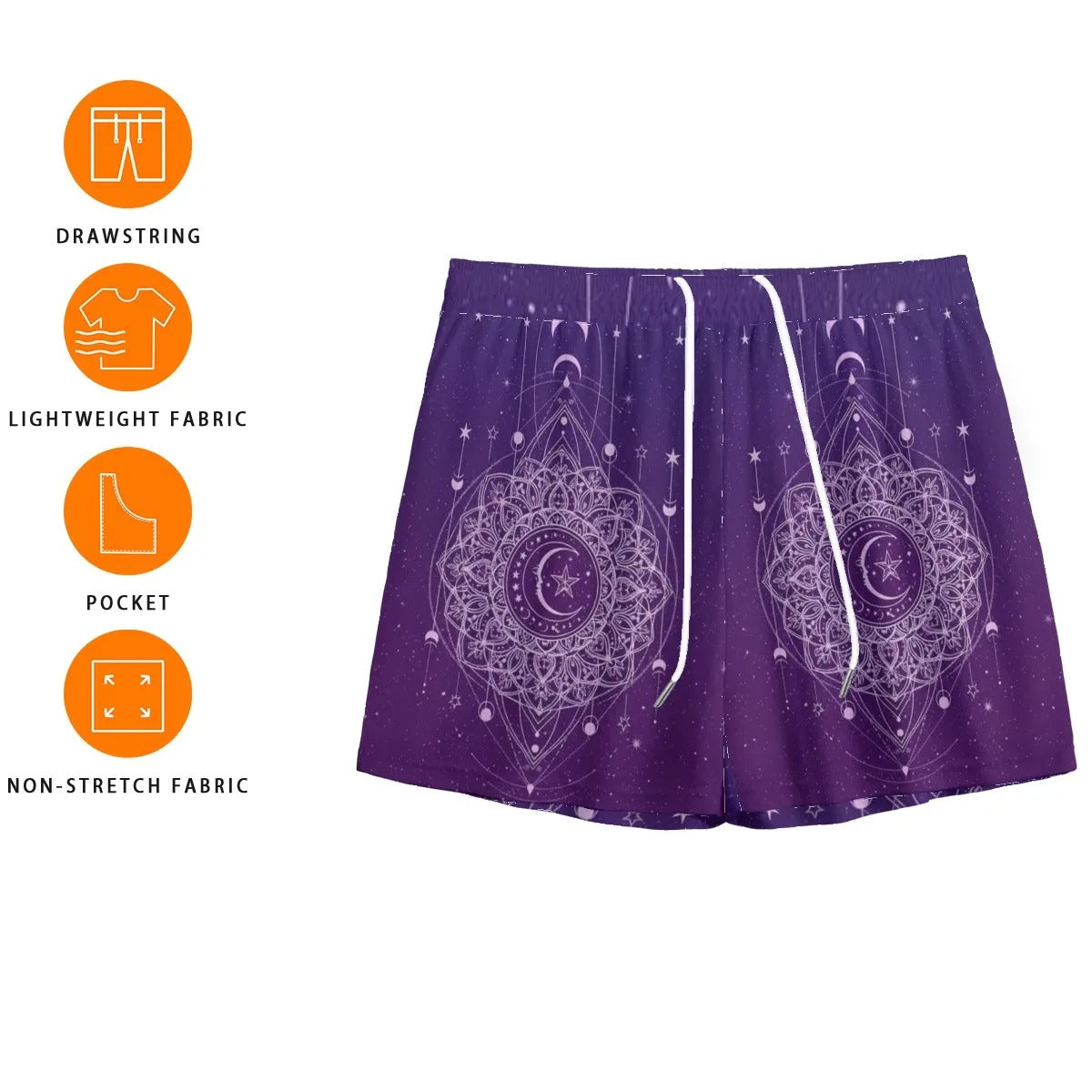 Mystic Lunar Mandala Shorts, Moon Phase Spiritual Bottoms, Celestial Lotus Print Shorts, Sacred Geometry Cosmic Wear, Boho Mystic Style