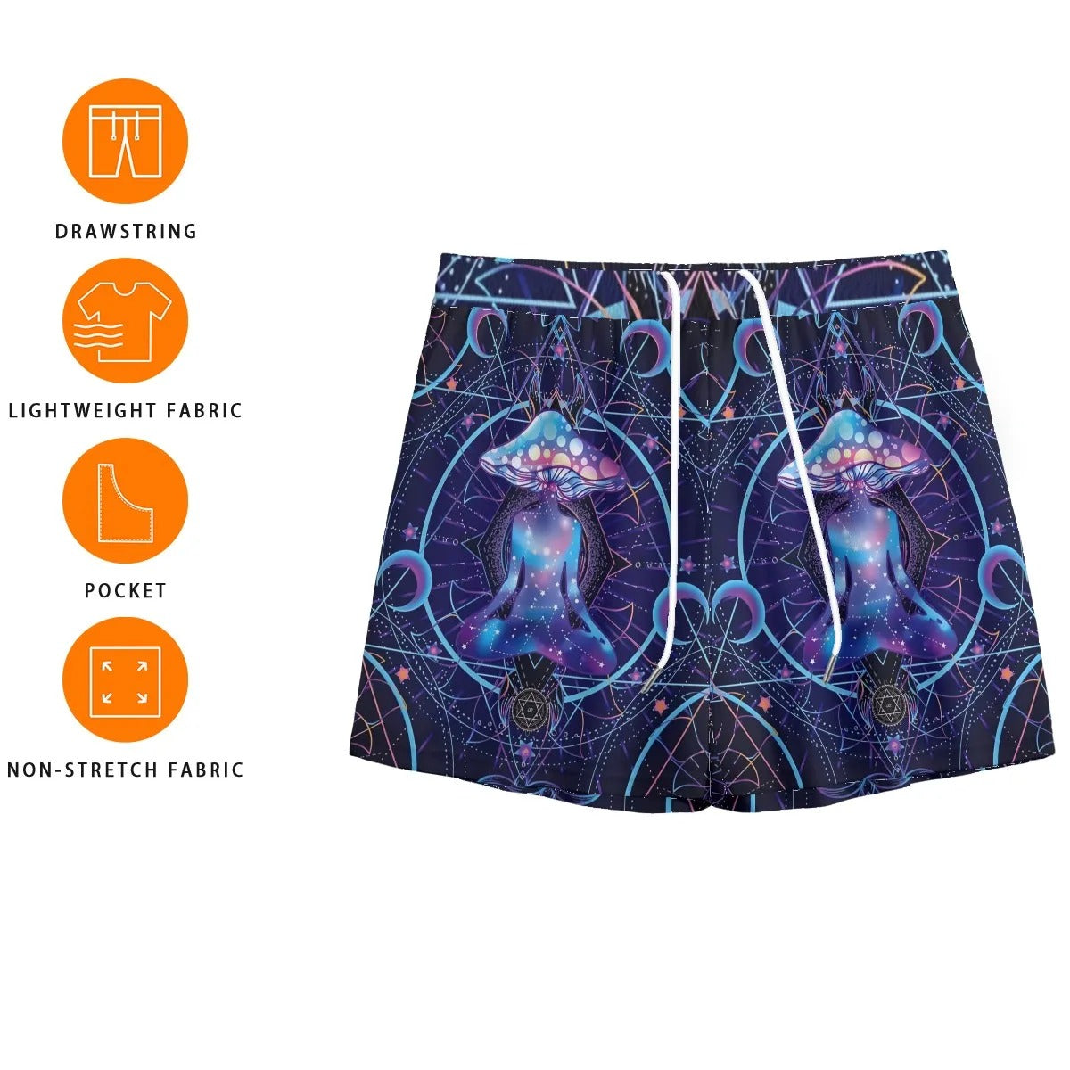 Mystic Mushroom Awakening Shorts, Psychedelic Spiritual Bottoms, Cosmic Mushroom Print Shorts, Visionary Art Festival Wear, Boho Mystic Style
