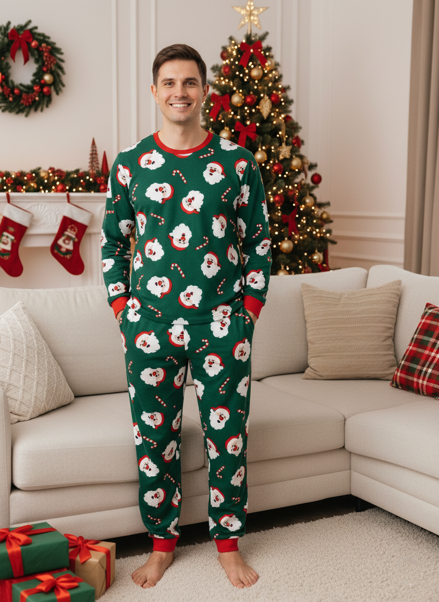 Matching Family Christmas Pajamas, Green Santa Claus and Candy Cane Holiday Sleepwear Set for Kids and Adults