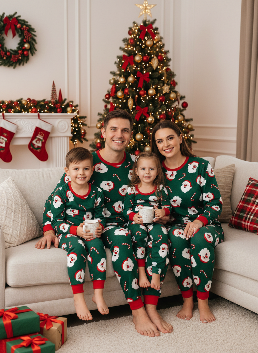 Matching Family Christmas Pajamas, Green Santa Claus and Candy Cane Holiday Sleepwear Set for Kids and Adults