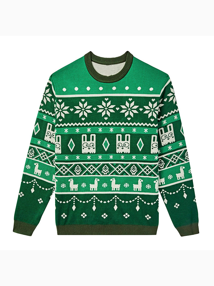 Ugly Christmas Sweater Green, Funny Llama and Bunny Knit Pullover, Festive Holiday Party Outfit for Women and Men