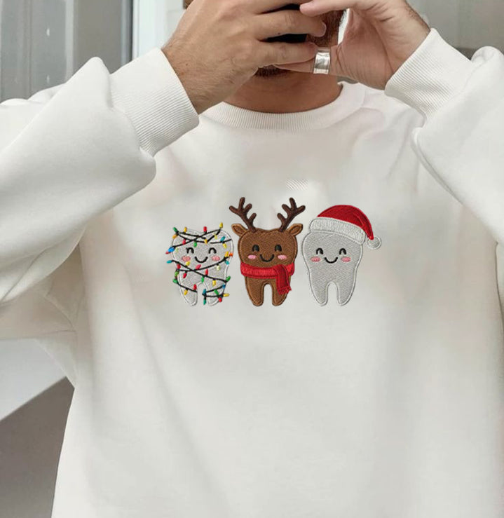 Cute Christmas Tooth Embroidered Sweatshirt, Dentist Holiday Sweater, Reindeer & Santa Shirt, Funny Xmas Crewneck Gift EBAC87