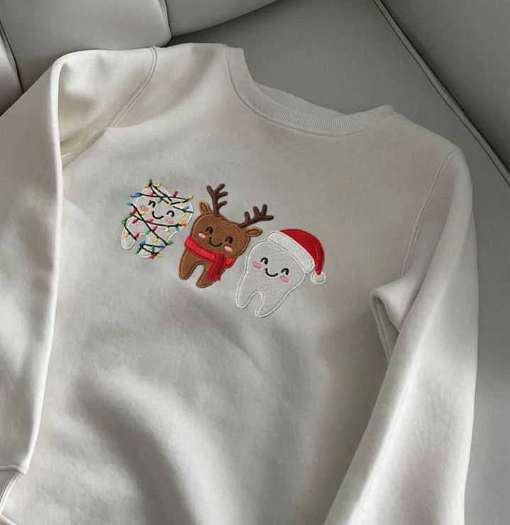 Cute Christmas Tooth Embroidered Sweatshirt, Dentist Holiday Sweater, Reindeer & Santa Shirt, Funny Xmas Crewneck Gift EBAC87