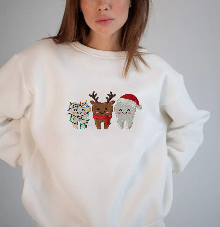 Cute Christmas Tooth Embroidered Sweatshirt, Dentist Holiday Sweater, Reindeer & Santa Shirt, Funny Xmas Crewneck Gift EBAC87