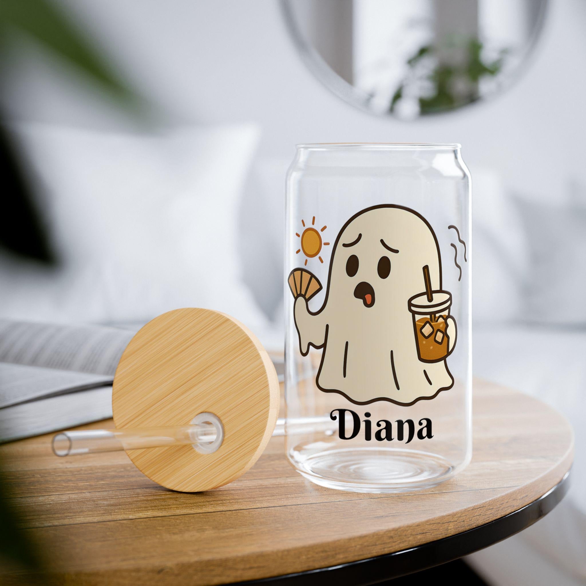 Personalized Ghost Iced Coffee Cup with Lid and Straw, Custom Halloween Tumbler, Cute Ghost Glass, Spooky Fall Drinkware Gift