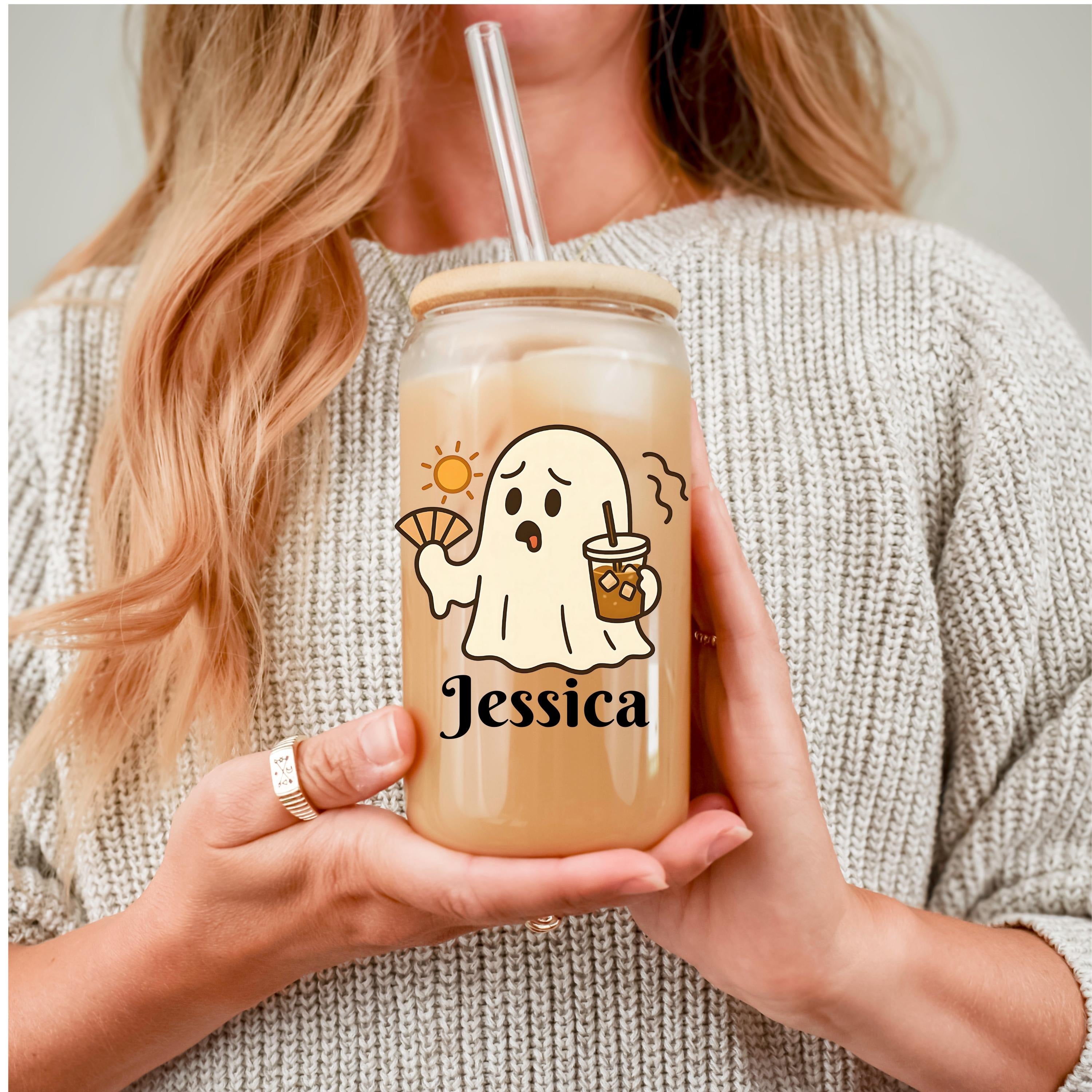 Personalized Ghost Iced Coffee Cup with Lid and Straw, Custom Halloween Tumbler, Cute Ghost Glass, Spooky Fall Drinkware Gift