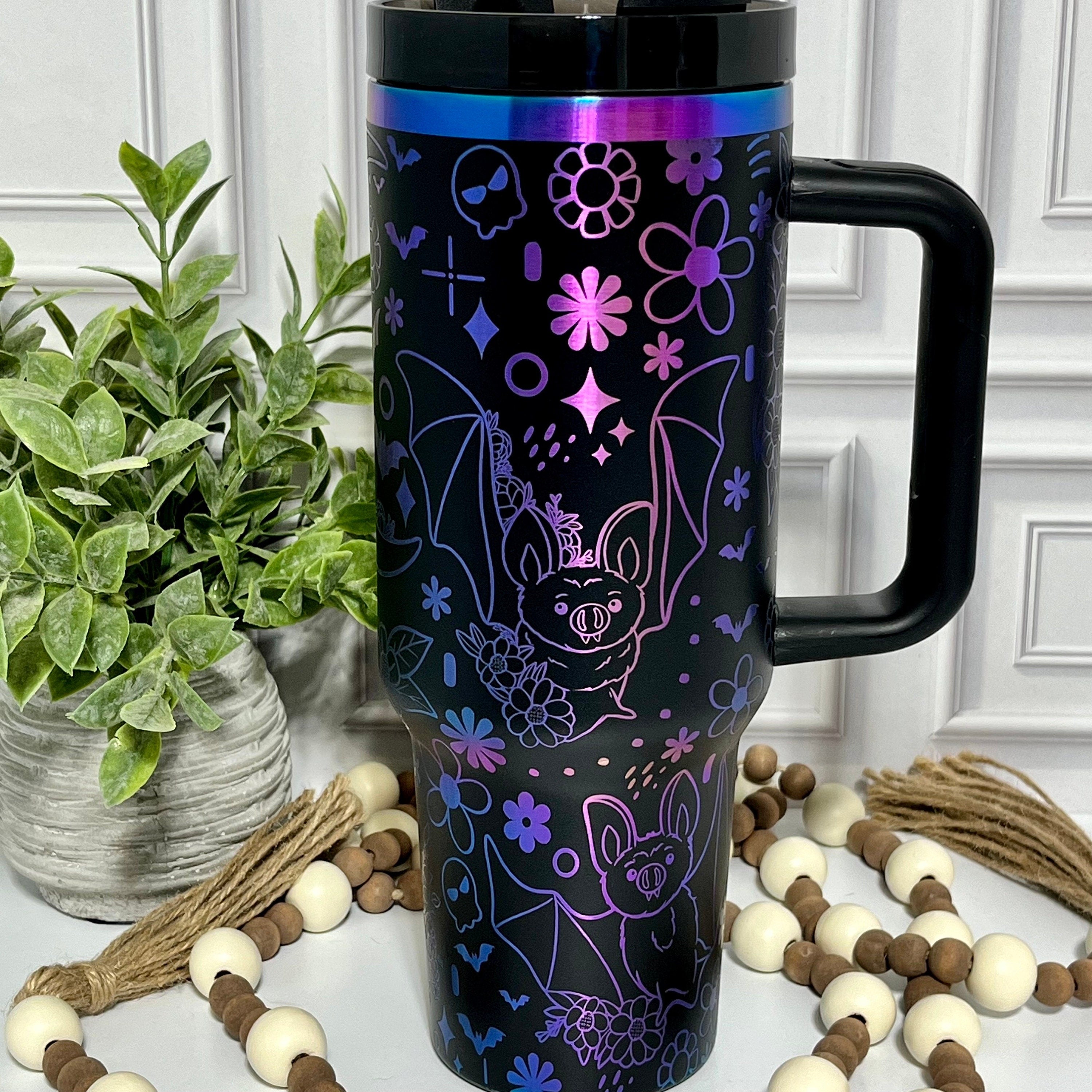 40 oz Tumbler Halloween Bat Bats Floral Bats Doodle Handle Straw Customized Laser Engraved, Custom Gifts For Halloween