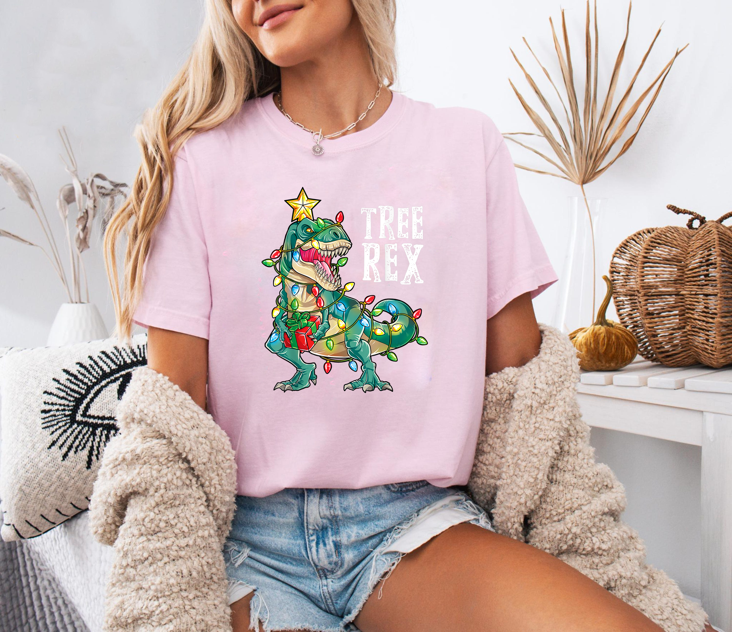 Tree Rex Christmas Shirt, Funny Dinosaur Xmas Tee, T-Rex Holiday Outfit, Festive Lights Gift Top, Cute Kids & Adults Christmas Shirt