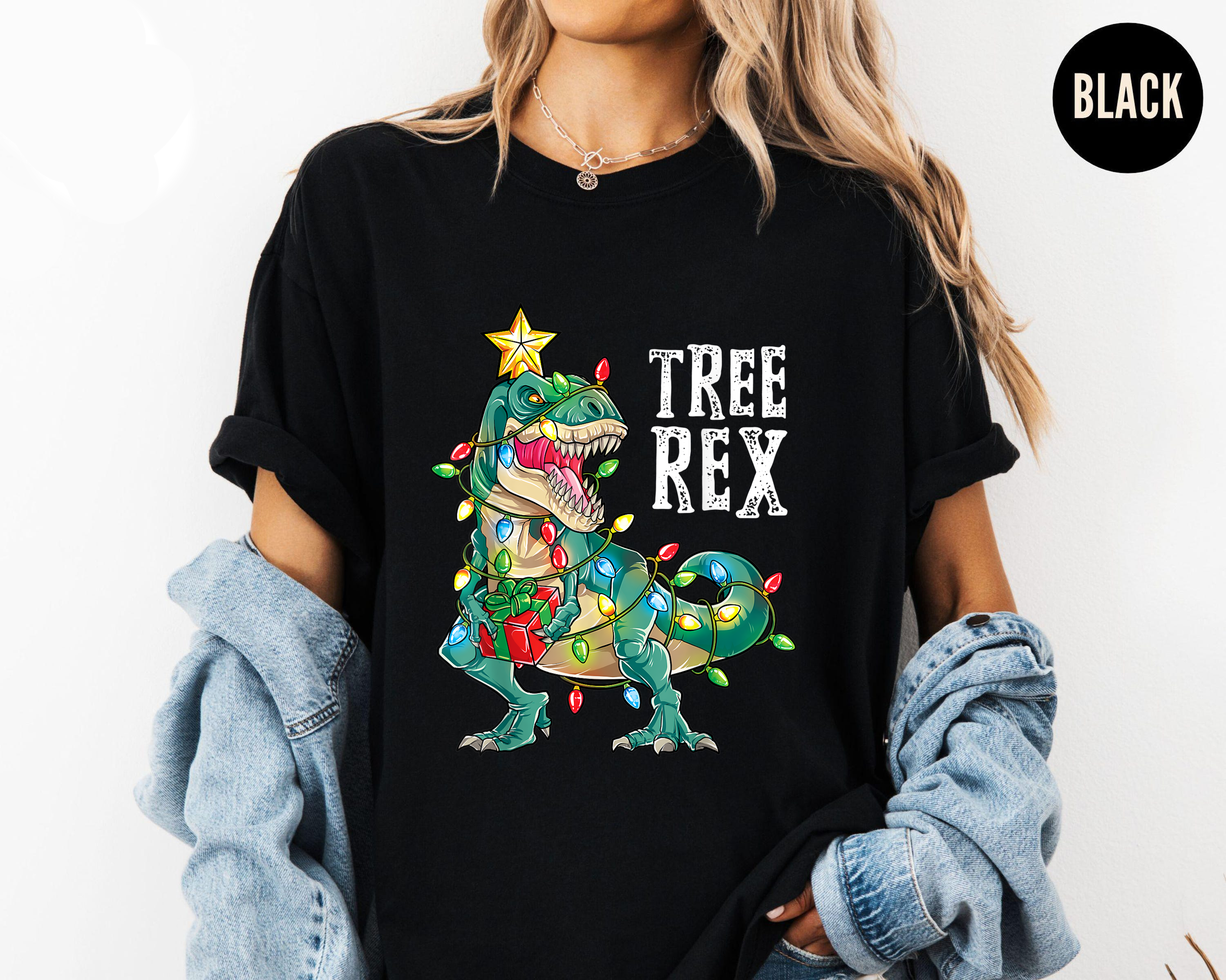 Tree Rex Christmas Shirt, Funny Dinosaur Xmas Tee, T-Rex Holiday Outfit, Festive Lights Gift Top, Cute Kids & Adults Christmas Shirt