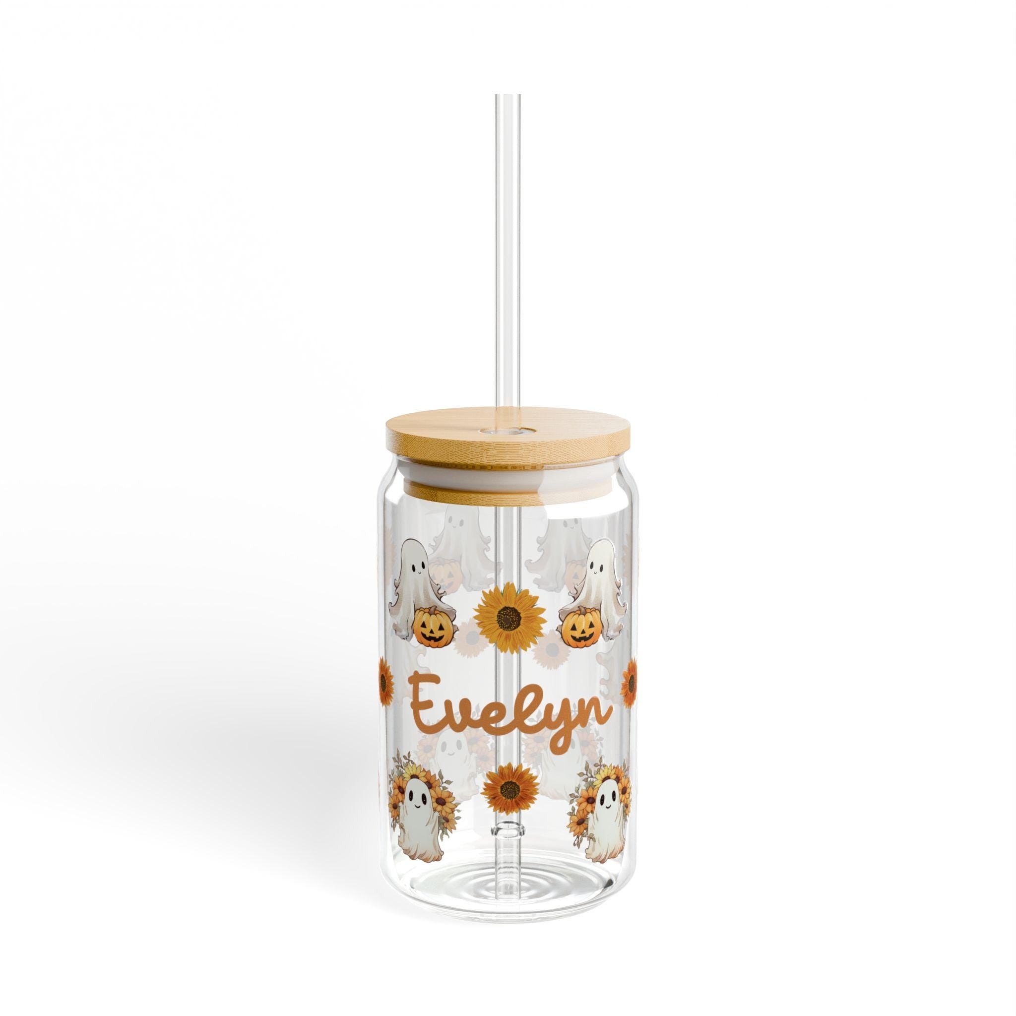 Personalized Halloween Glass Tumbler, Straw & Lid, Personalized Ghost Sunflower Glass Tumbler, Custom Sipper Glass, Custom Gifts For Halloween