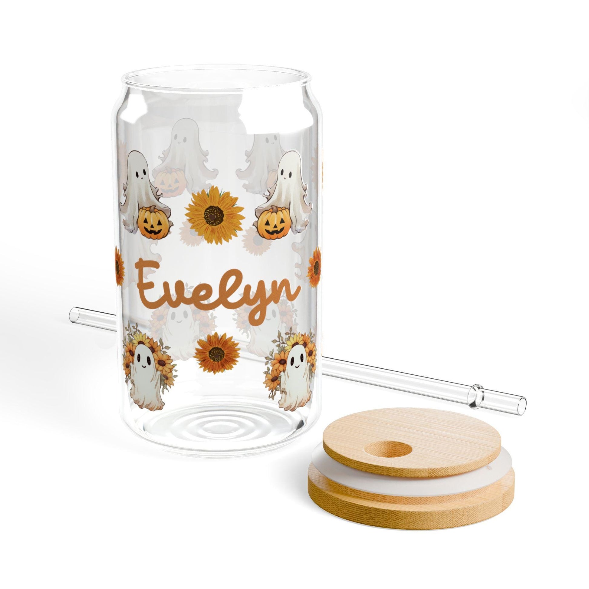 Personalized Halloween Glass Tumbler, Straw & Lid, Personalized Ghost Sunflower Glass Tumbler, Custom Sipper Glass, Custom Gifts For Halloween