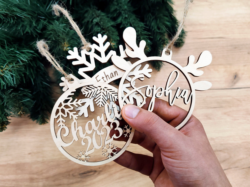 Personalized Wooden Christmas Ornament, Custom Name Holiday Decoration, Laser Cut Rustic Xmas Gift