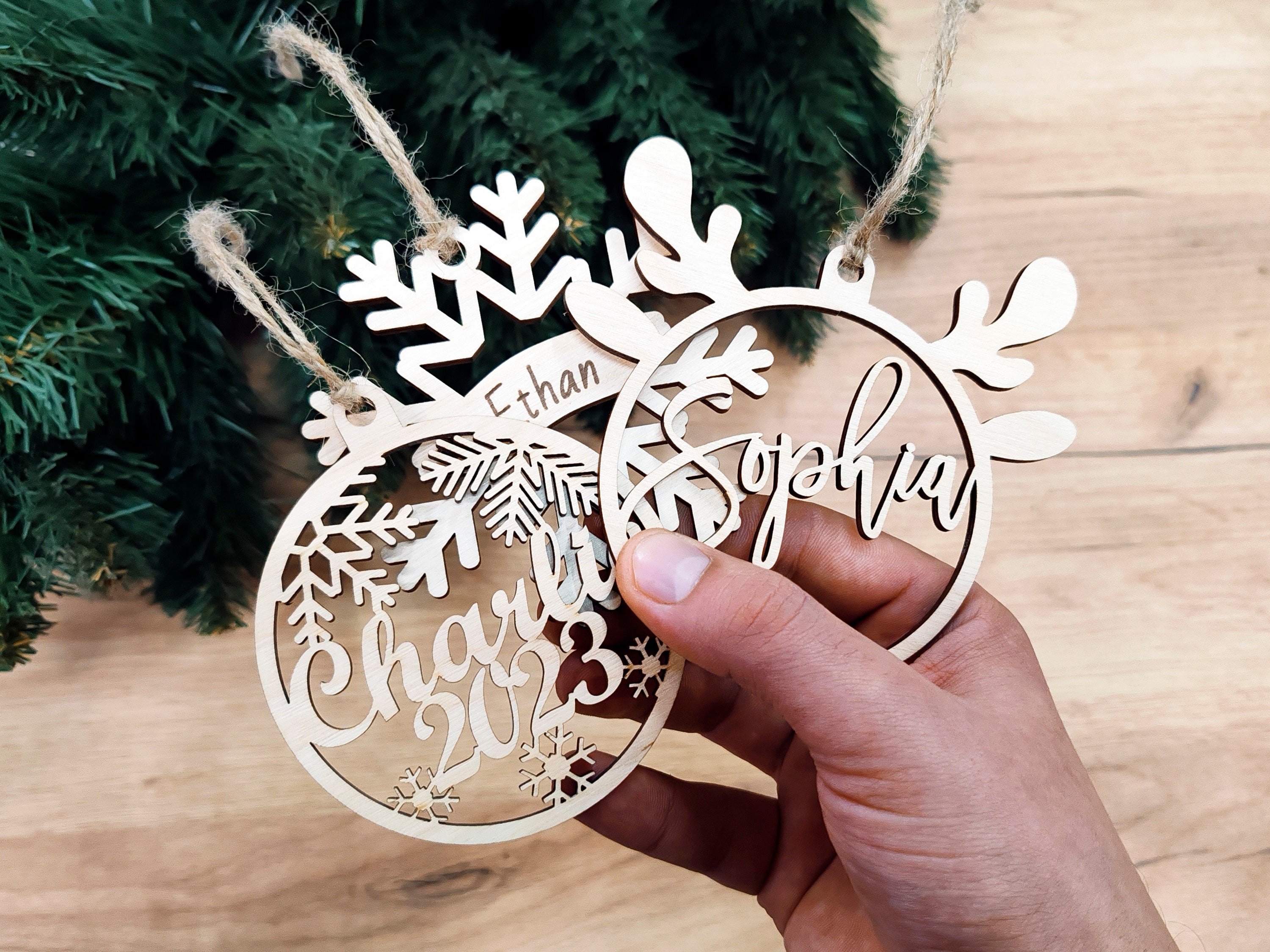 Personalized Wooden Christmas Ornament, Custom Name Holiday Decoration, Laser Cut Rustic Xmas Gift