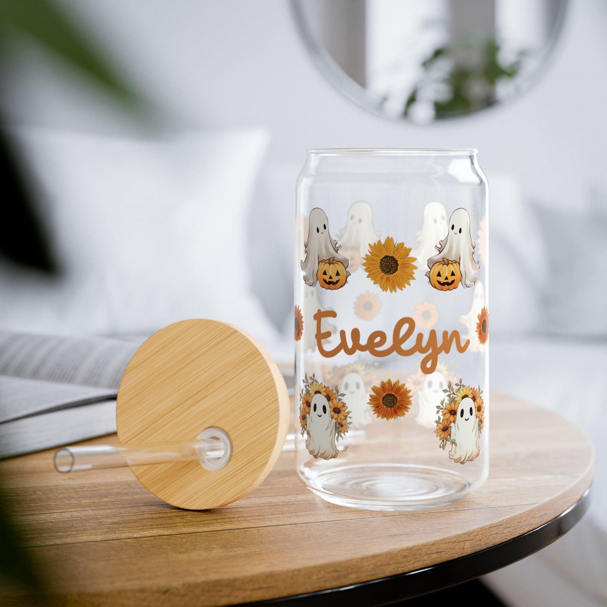 Personalized Halloween Glass Tumbler, Straw & Lid, Personalized Ghost Sunflower Glass Tumbler, Custom Sipper Glass, Custom Gifts For Halloween
