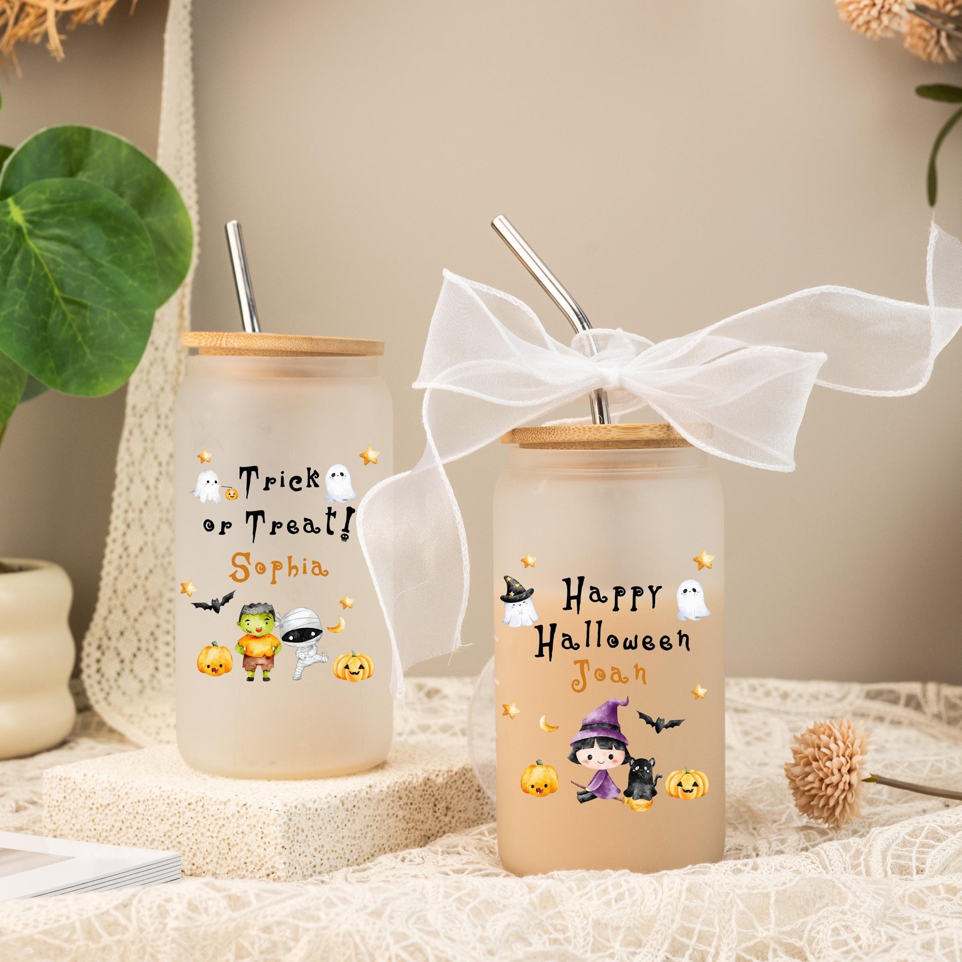 Halloween Glass Cups With Lid and Straw, Funny Gift for Kids, Back to School Gift, Gift for Teacher, Halloween Gift 2025, Spooky Season Gift