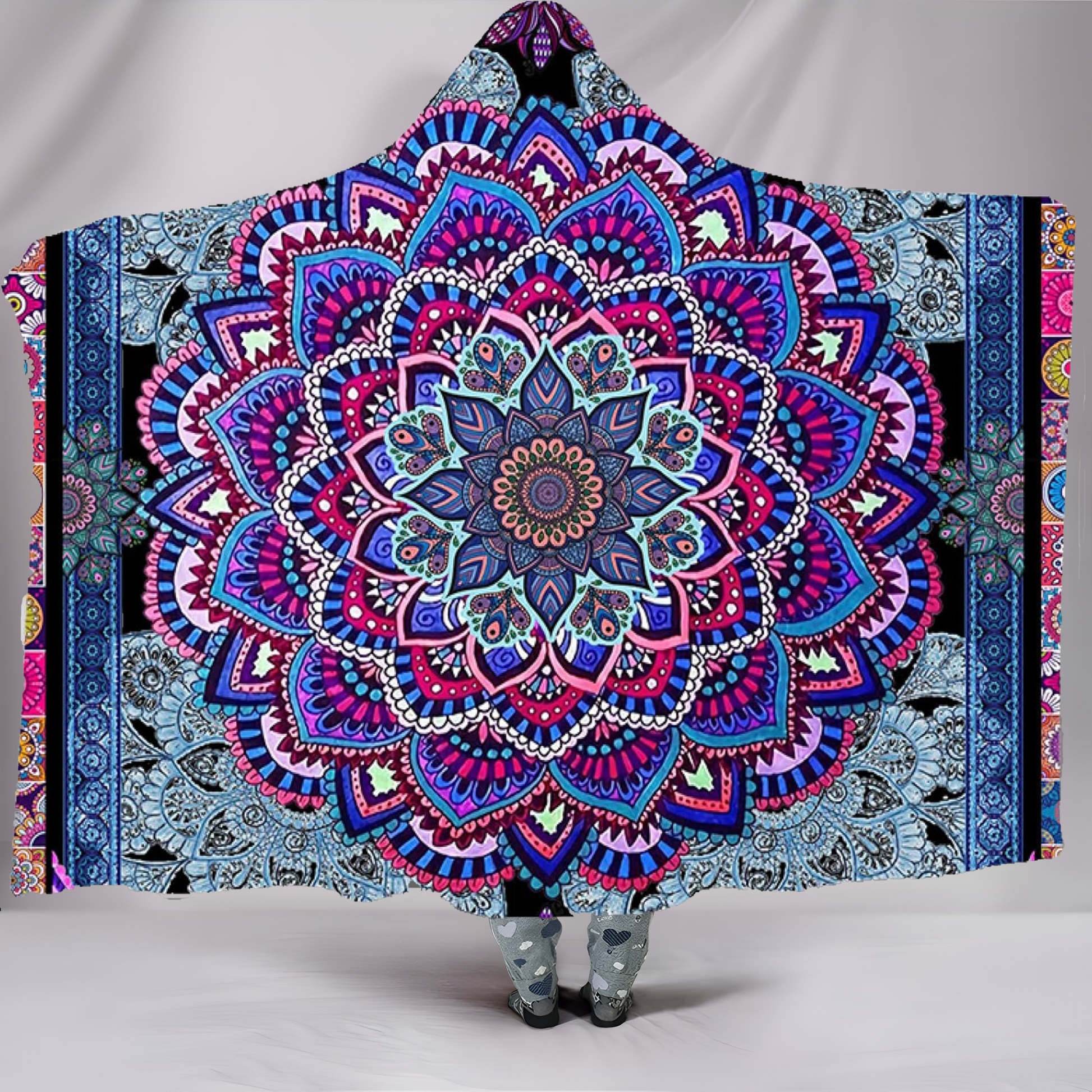 Vibrant Mandala Hooded Planket Blanket, Cozy Boho Throw with Intricate Colorful Pattern, Perfect for Outdoor Use, Home Decor, Warmth, and Stylish Comfort, BLKAC17