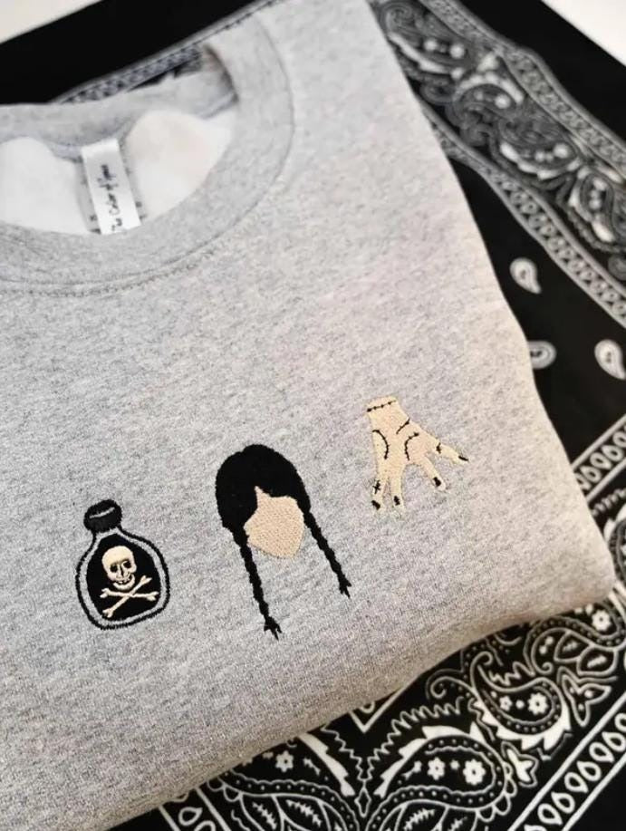 Gothic Girl Embroidered Crewneck Sweatshirt, Horror Movie Halloween Embroidered Shirt, Halloween Gifts, Spooky Season, Cozy Fall Sweater EBAC38