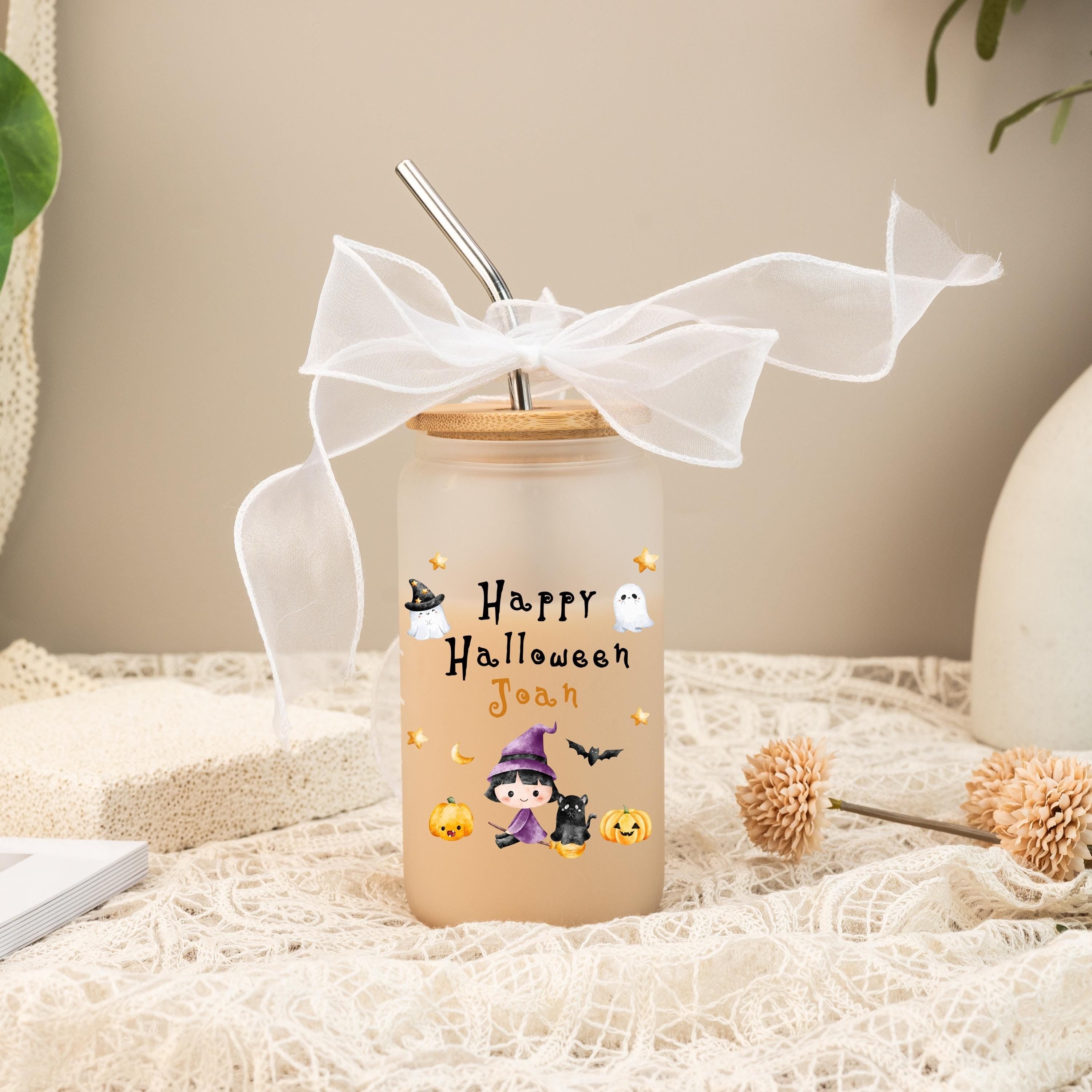 Halloween Glass Cups With Lid and Straw, Funny Gift for Kids, Back to School Gift, Gift for Teacher, Halloween Gift 2025, Spooky Season Gift