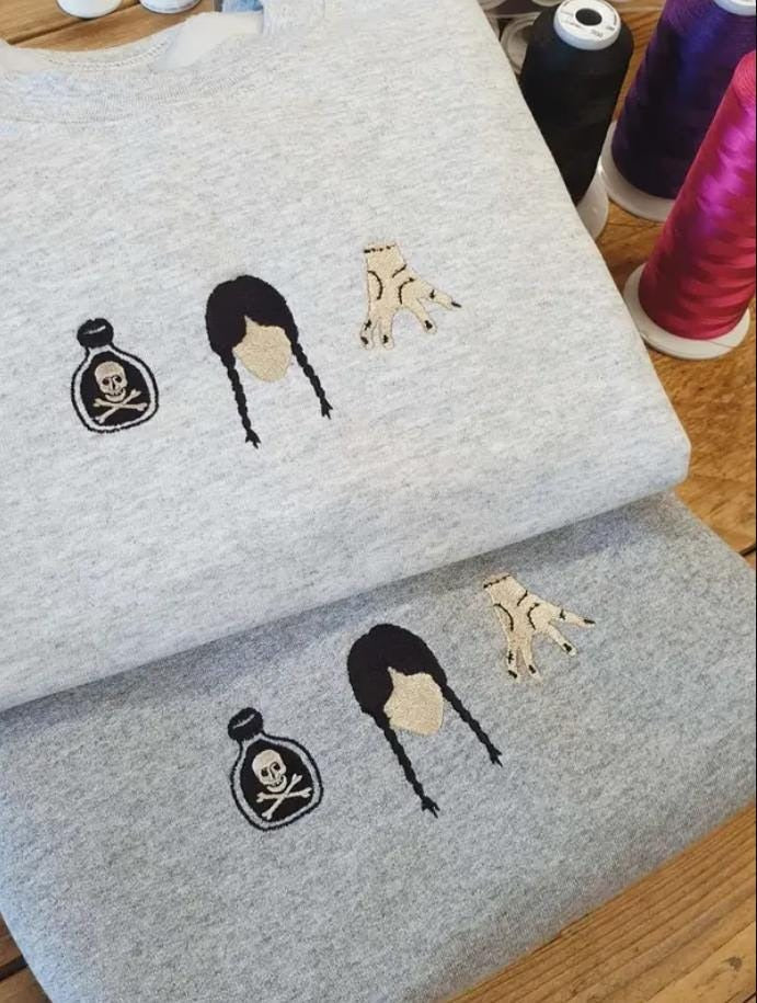 Gothic Girl Embroidered Crewneck Sweatshirt, Horror Movie Halloween Embroidered Shirt, Halloween Gifts, Spooky Season, Cozy Fall Sweater EBAC38