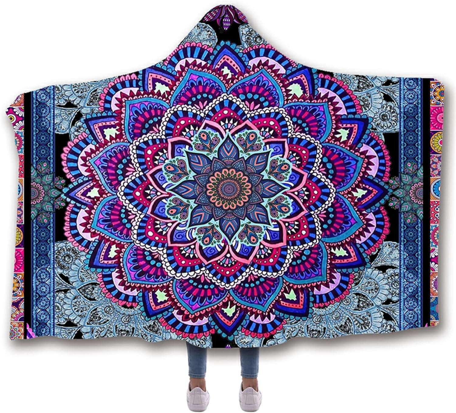 Vibrant Mandala Hooded Planket Blanket, Cozy Boho Throw with Intricate Colorful Pattern, Perfect for Outdoor Use, Home Decor, Warmth, and Stylish Comfort, BLKAC17