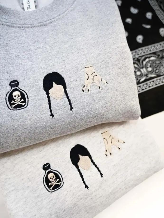 Gothic Girl Embroidered Crewneck Sweatshirt, Horror Movie Halloween Embroidered Shirt, Halloween Gifts, Spooky Season, Cozy Fall Sweater EBAC38