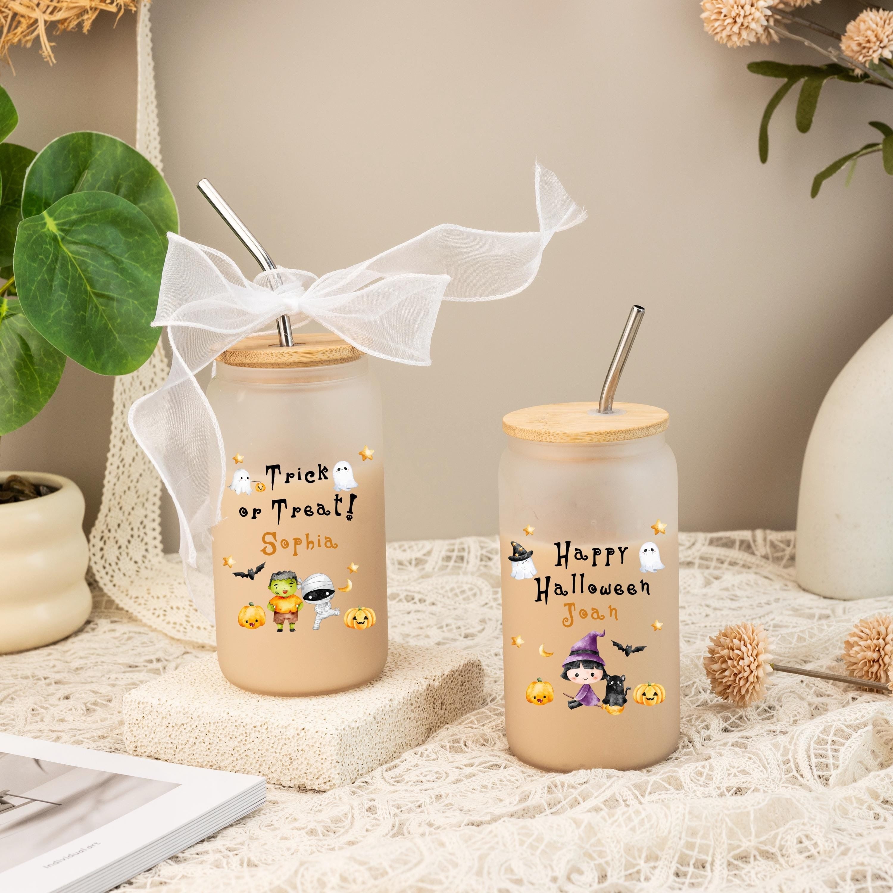 Halloween Glass Cups With Lid and Straw, Funny Gift for Kids, Back to School Gift, Gift for Teacher, Halloween Gift 2025, Spooky Season Gift