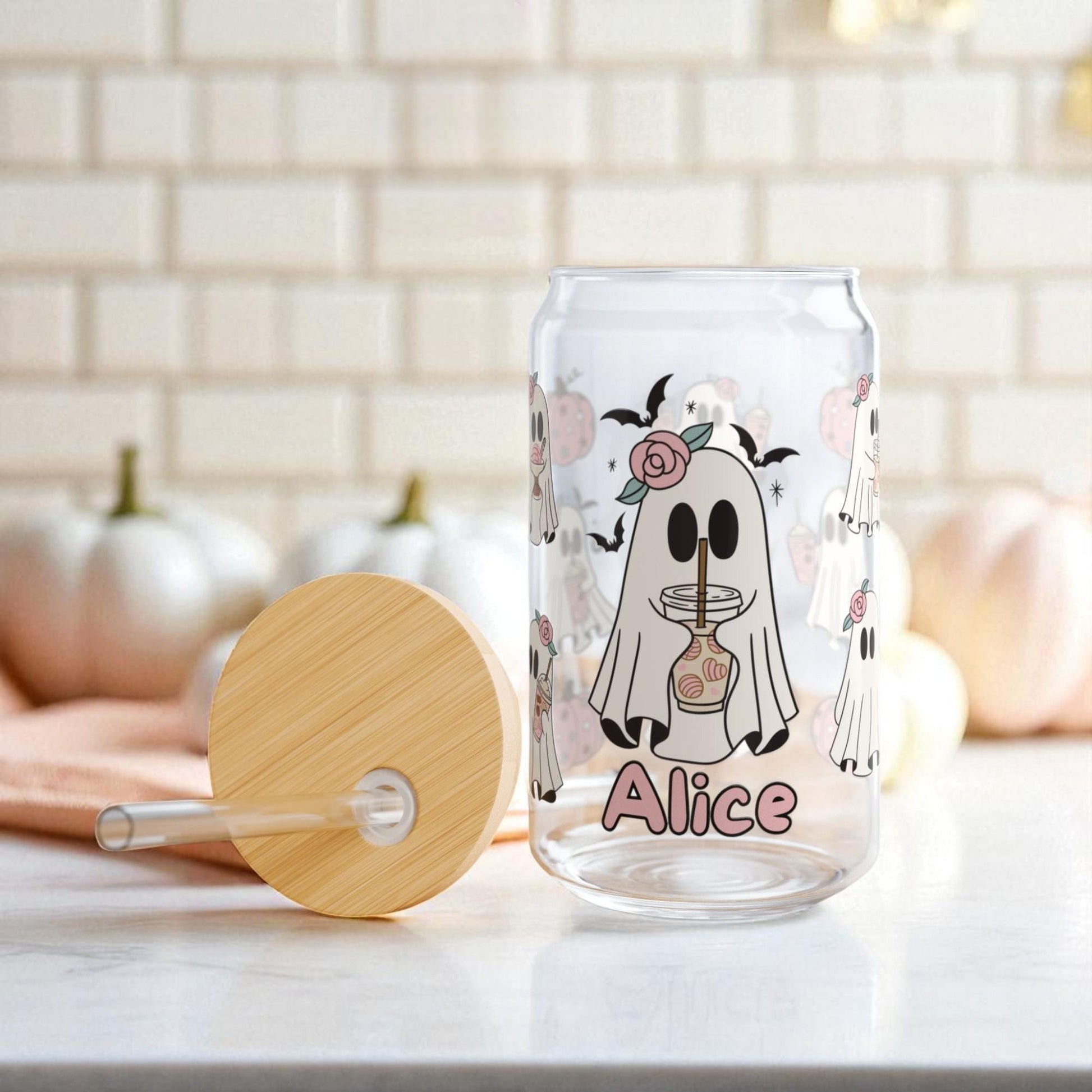 Personalized Halloween Sipper Glass, Personalized with Ghosts, Roses, Bats, Pumpkins - Bamboo Lid, Straw, Spooky Drinkware, Custom Gifts For Halloween
