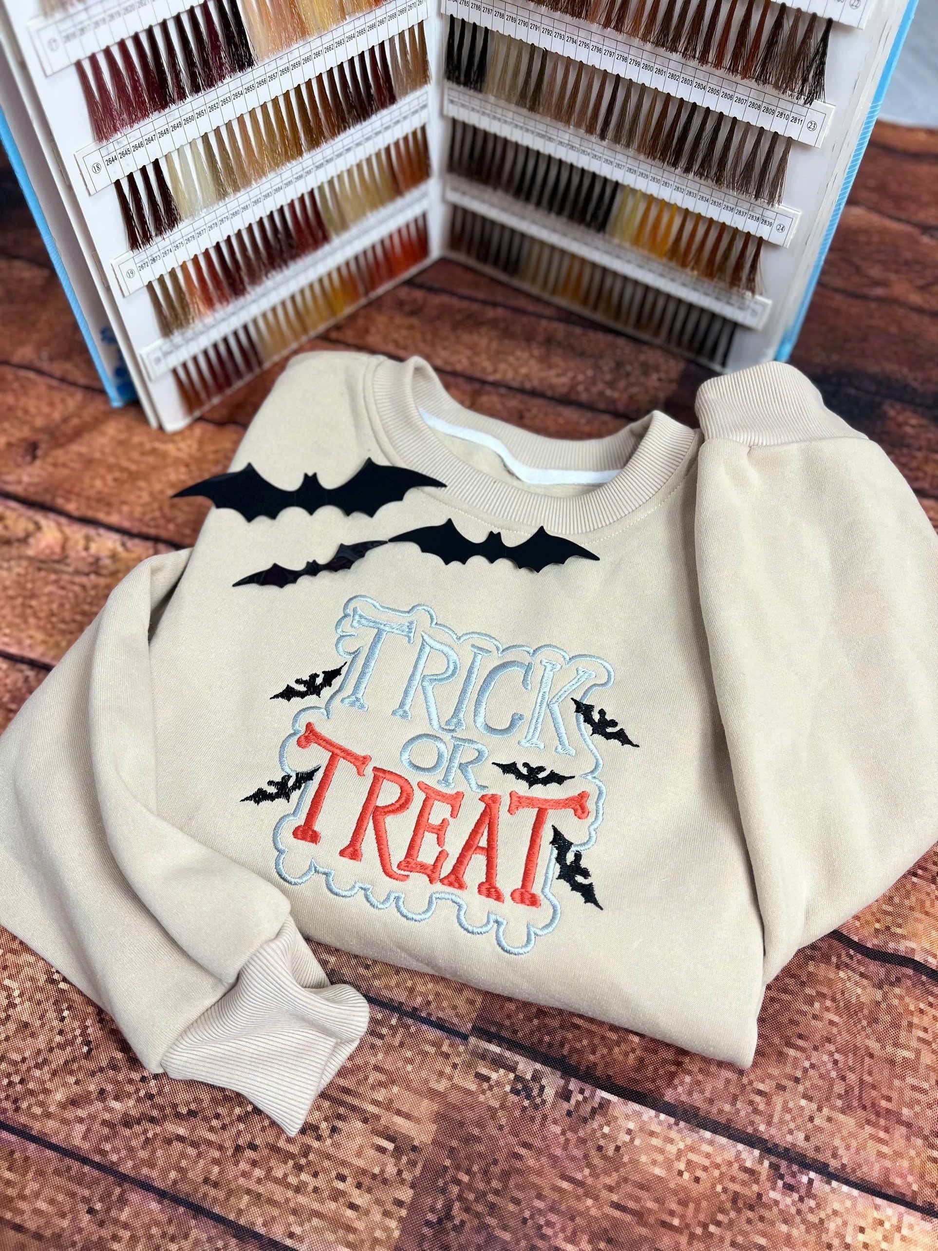 Embroidered Trick or Treat Sweatshirt, Embroidered Halloween Shirt, Halloween Women Shirt, Halloween Gifts, Halloween Sweatshirt EBAC39