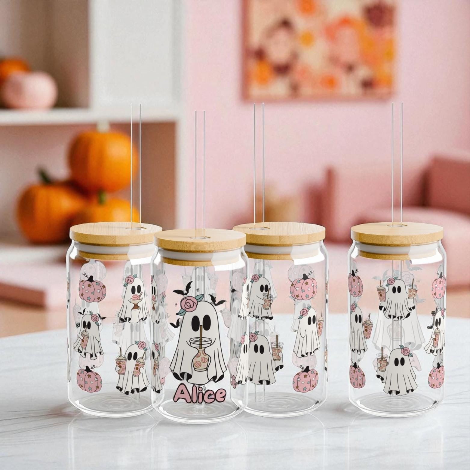 Personalized Halloween Sipper Glass, Personalized with Ghosts, Roses, Bats, Pumpkins - Bamboo Lid, Straw, Spooky Drinkware, Custom Gifts For Halloween