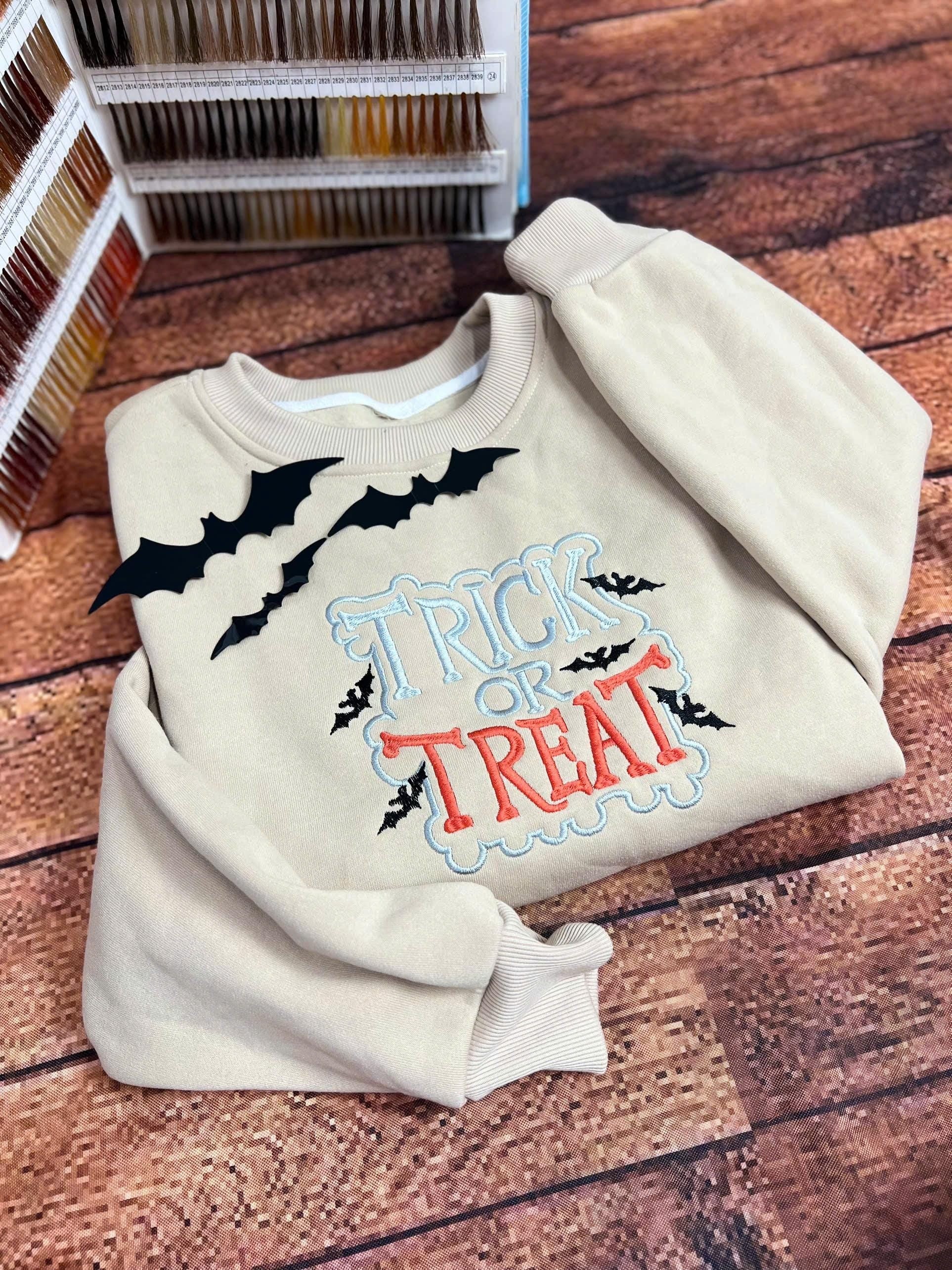 Embroidered Trick or Treat Sweatshirt, Embroidered Halloween Shirt, Halloween Women Shirt, Halloween Gifts, Halloween Sweatshirt EBAC39