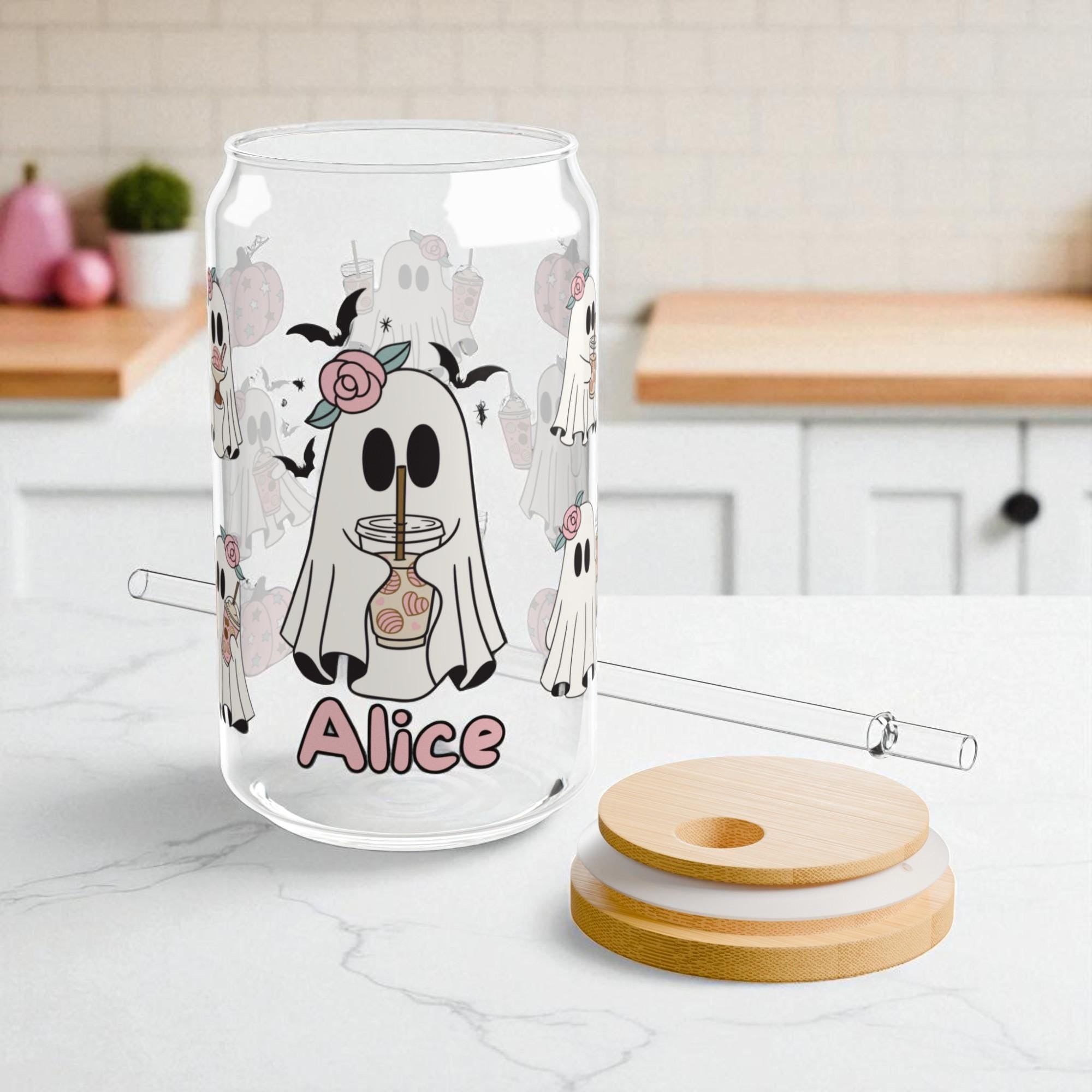 Personalized Halloween Sipper Glass, Personalized with Ghosts, Roses, Bats, Pumpkins - Bamboo Lid, Straw, Spooky Drinkware, Custom Gifts For Halloween