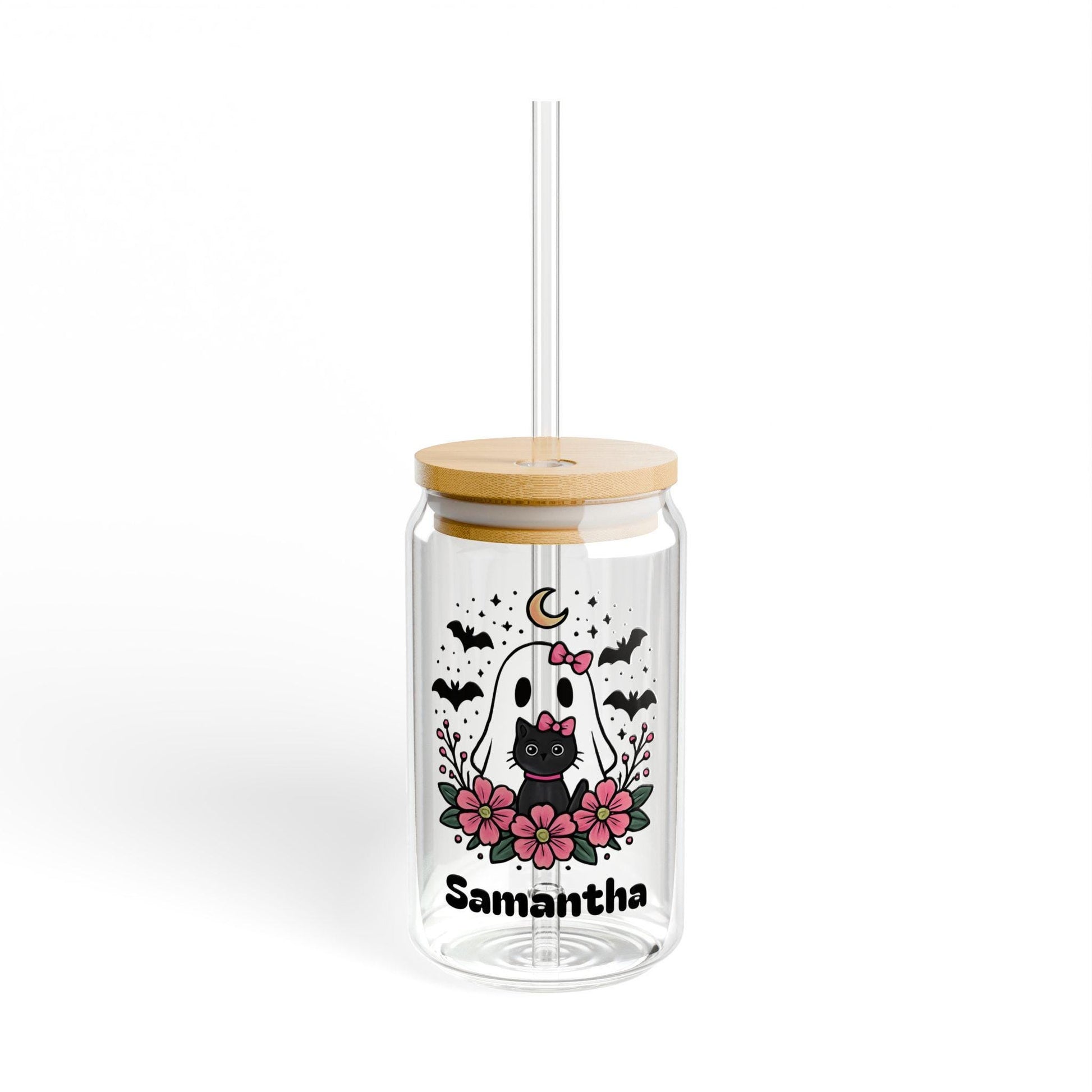 Personalized Pink Ghost Can Glass, Cute Halloween Tumbler with Bats, Moon, and Flowers, Coquette Cottagecore Spooky Season Cup, Iced Coffee, Custom Gift For Halloween