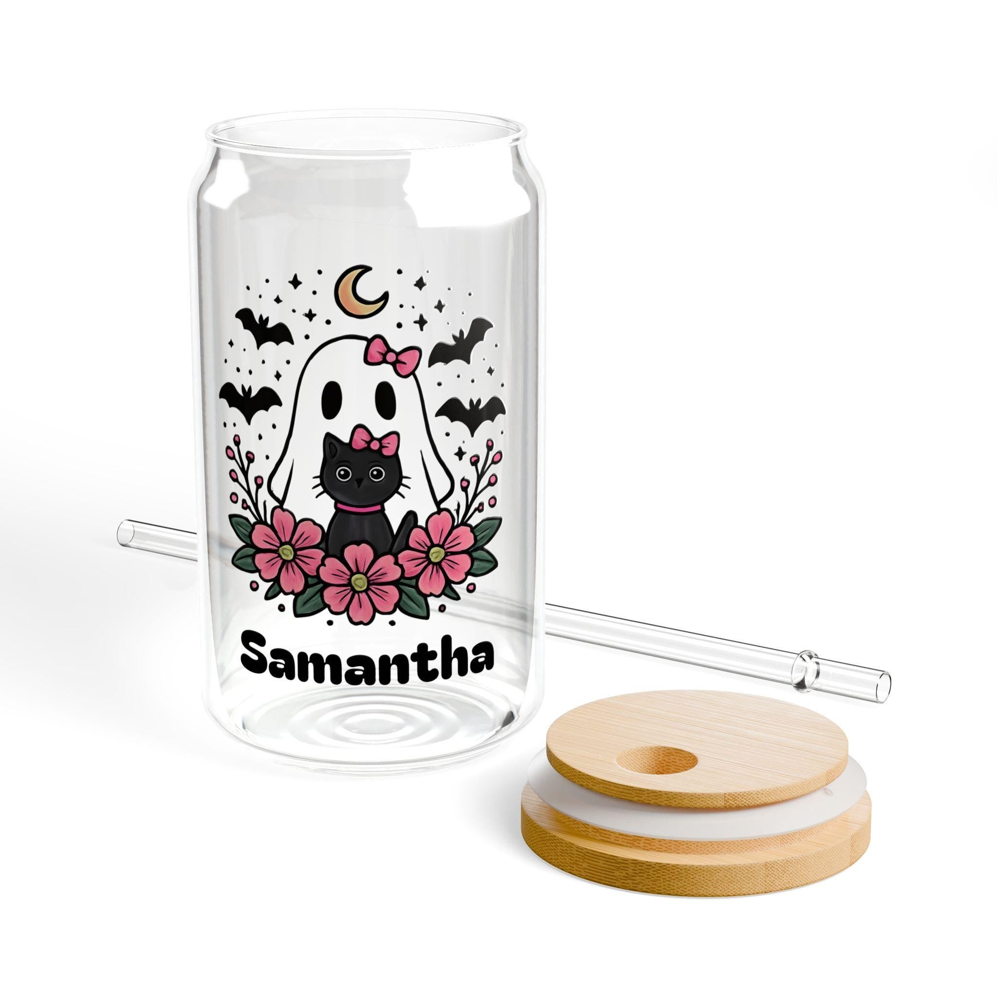 Personalized Pink Ghost Can Glass, Cute Halloween Tumbler with Bats, Moon, and Flowers, Coquette Cottagecore Spooky Season Cup, Iced Coffee, Custom Gift For Halloween