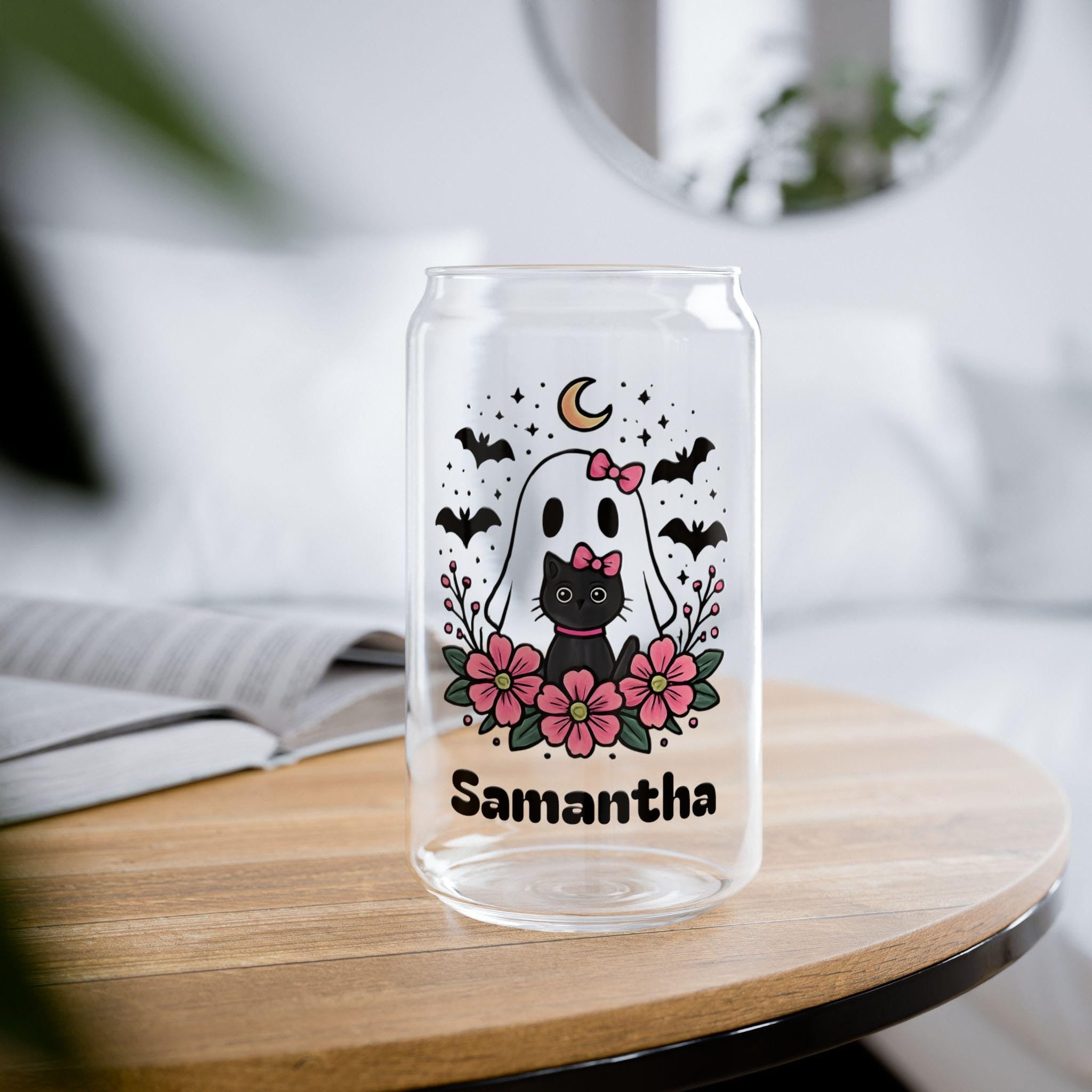 Personalized Pink Ghost Can Glass, Cute Halloween Tumbler with Bats, Moon, and Flowers, Coquette Cottagecore Spooky Season Cup, Iced Coffee, Custom Gift For Halloween