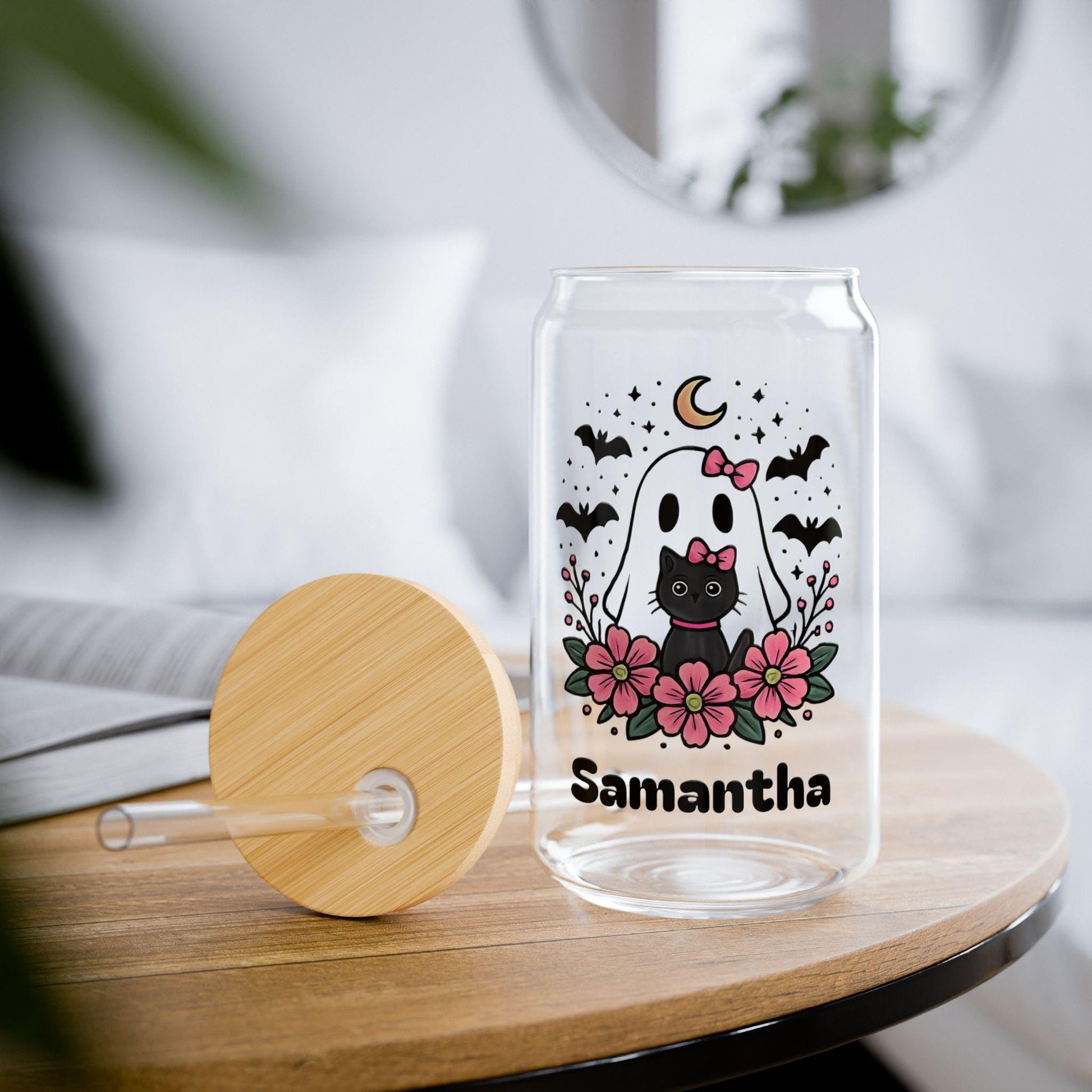 Personalized Pink Ghost Can Glass, Cute Halloween Tumbler with Bats, Moon, and Flowers, Coquette Cottagecore Spooky Season Cup, Iced Coffee, Custom Gift For Halloween