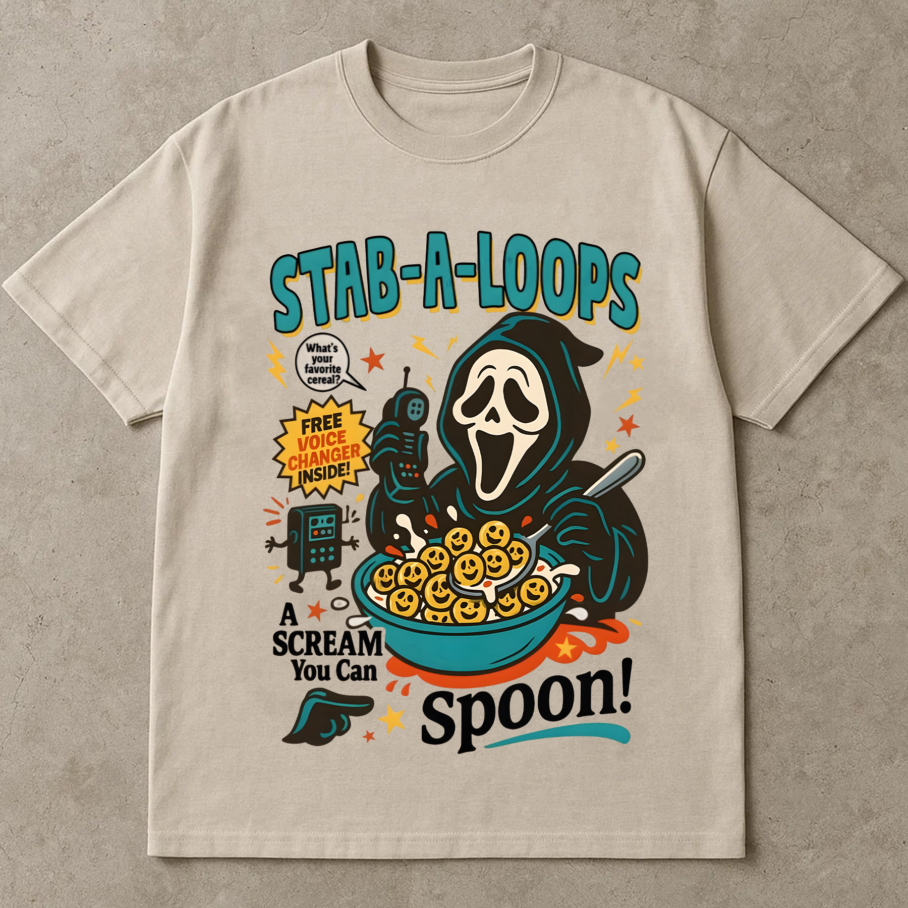 Stab-A-Loops Horror Cereal Box Halloween T-Shirt, Spooky Cereal Box Shirt, Killer Breakfast Halloween Tee, Slashers Crunch Graphic T-Shirt