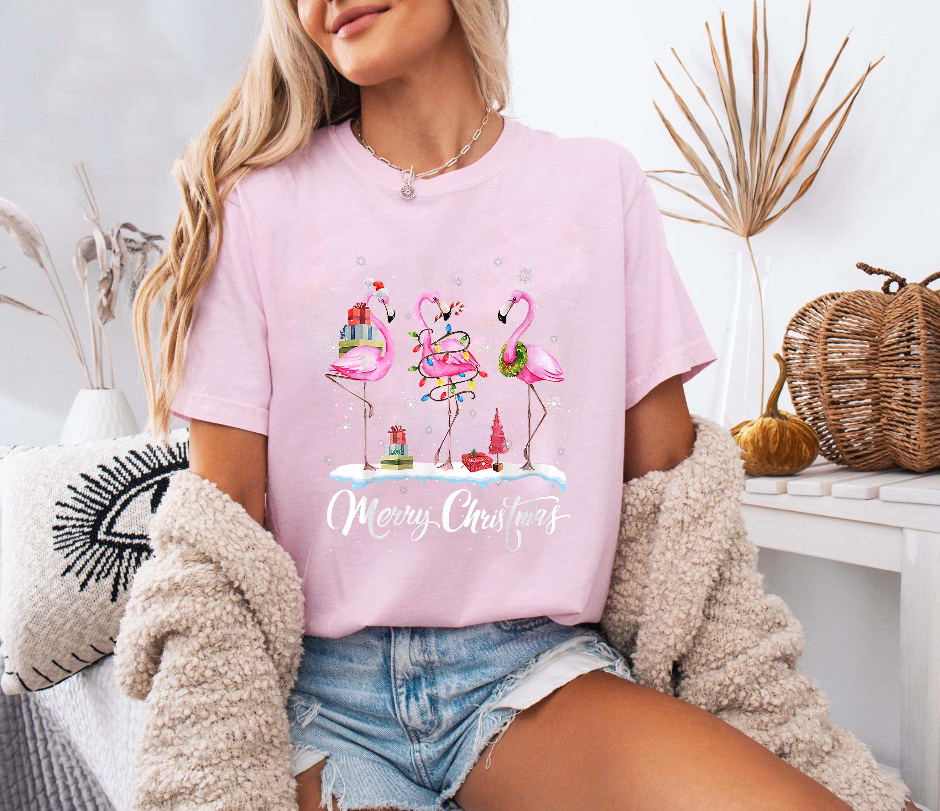 Flamingo Christmas Shirt, Cute Holiday Bird Tee, Tropical Xmas Outfit, Festive Gift Top, Funny Pink Flamingo Christmas Lights Shirt