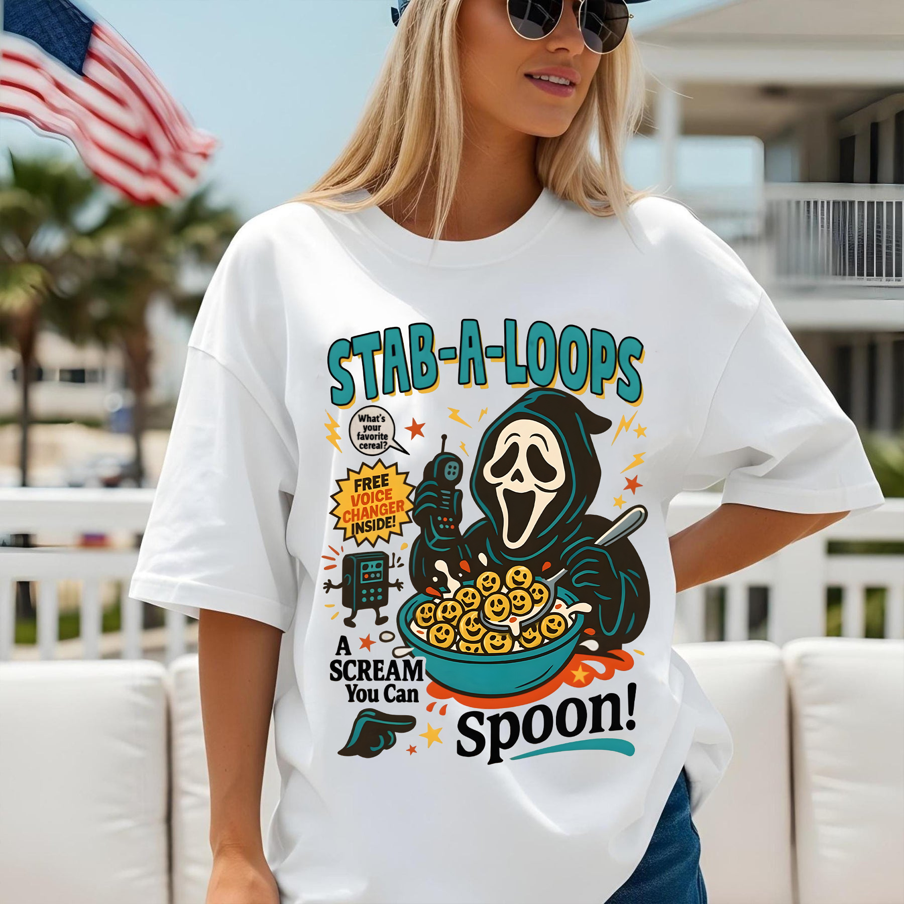 Stab-A-Loops Horror Cereal Box Halloween T-Shirt, Spooky Cereal Box Shirt, Killer Breakfast Halloween Tee, Slashers Crunch Graphic T-Shirt