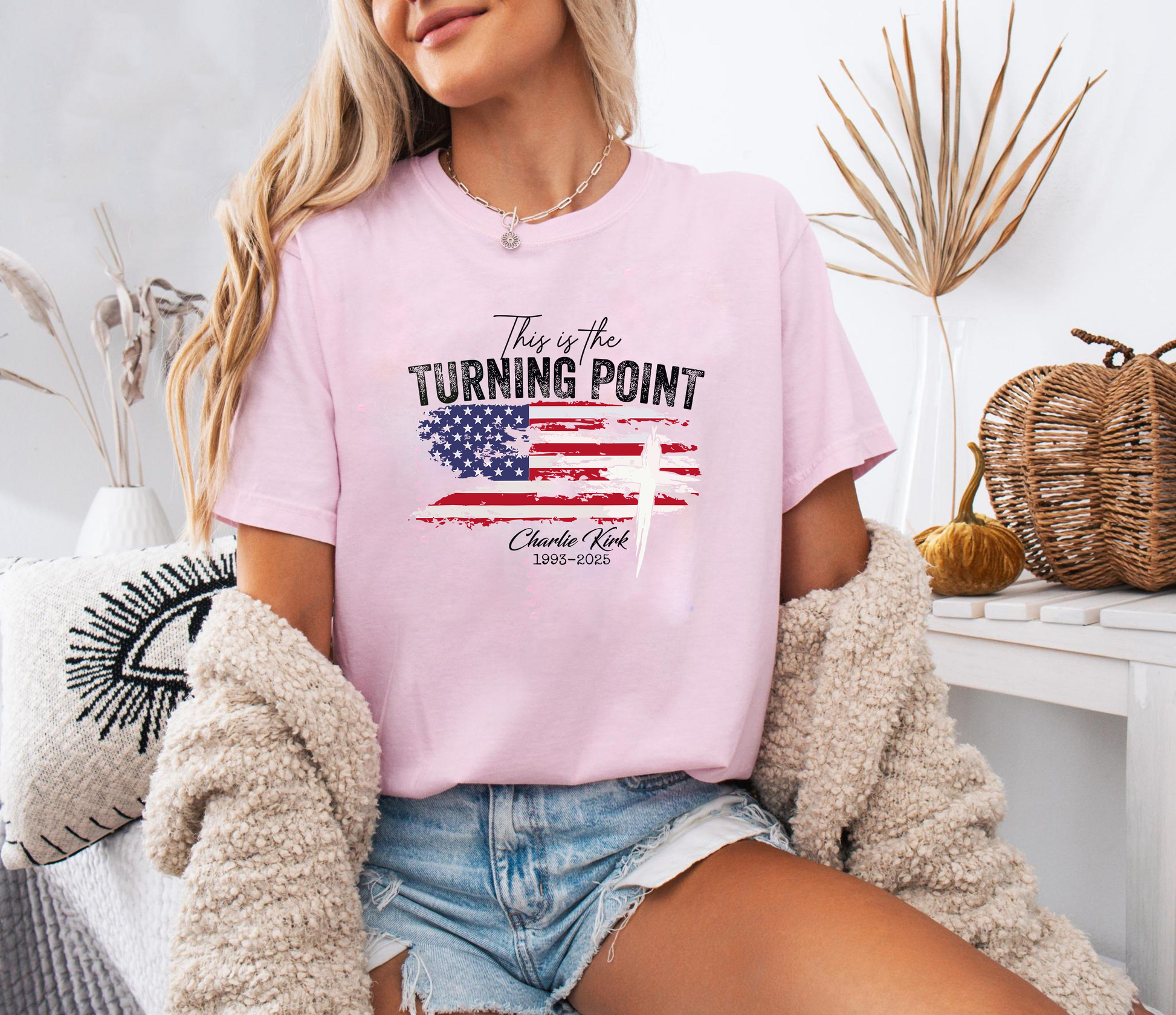This Is The Turning Point Shirt, American Flag Cross Tee, Charlie Kirk Tribute T Shirt, Patriotic Faith Graphic Tee