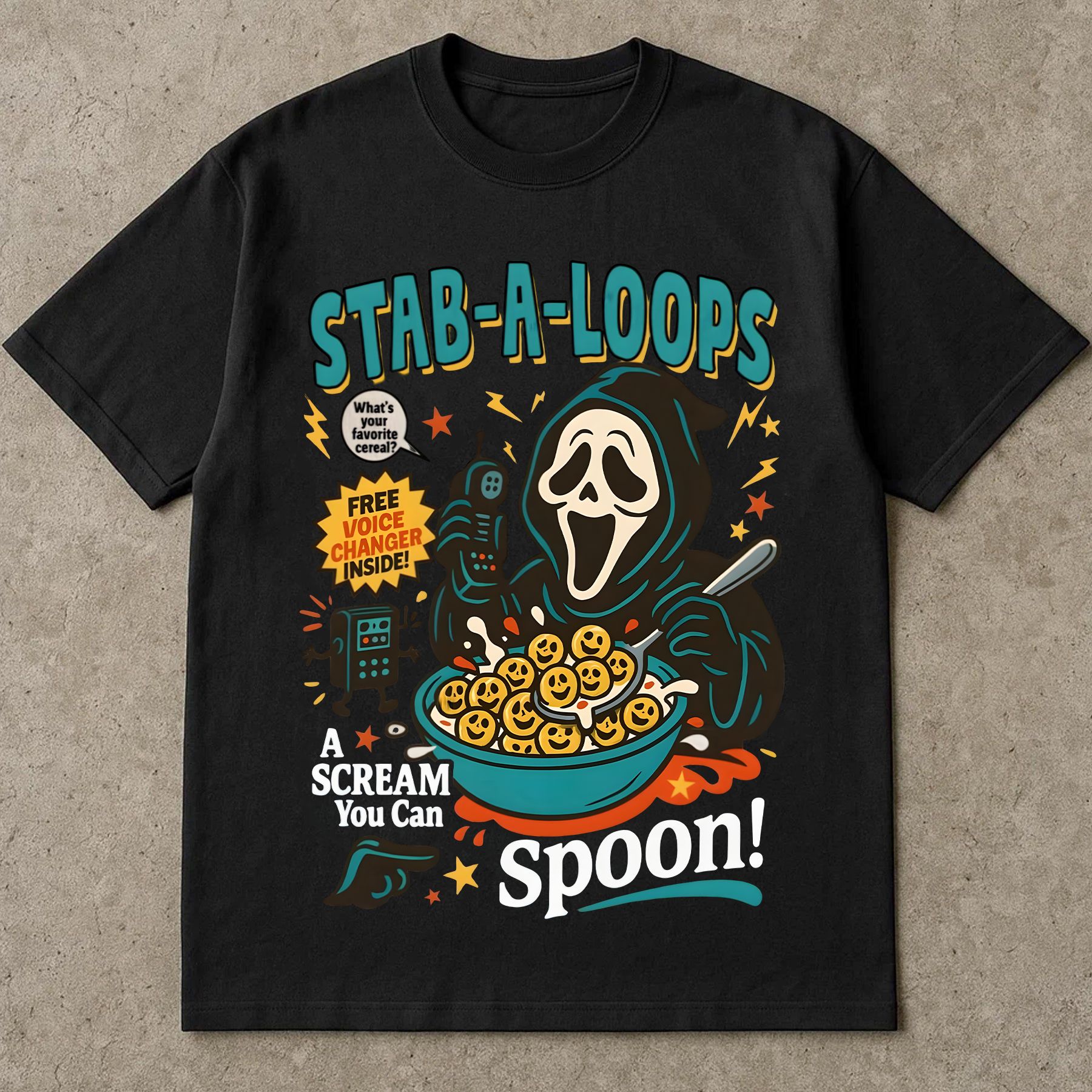 Stab-A-Loops Horror Cereal Box Halloween T-Shirt, Spooky Cereal Box Shirt, Killer Breakfast Halloween Tee, Slashers Crunch Graphic T-Shirt