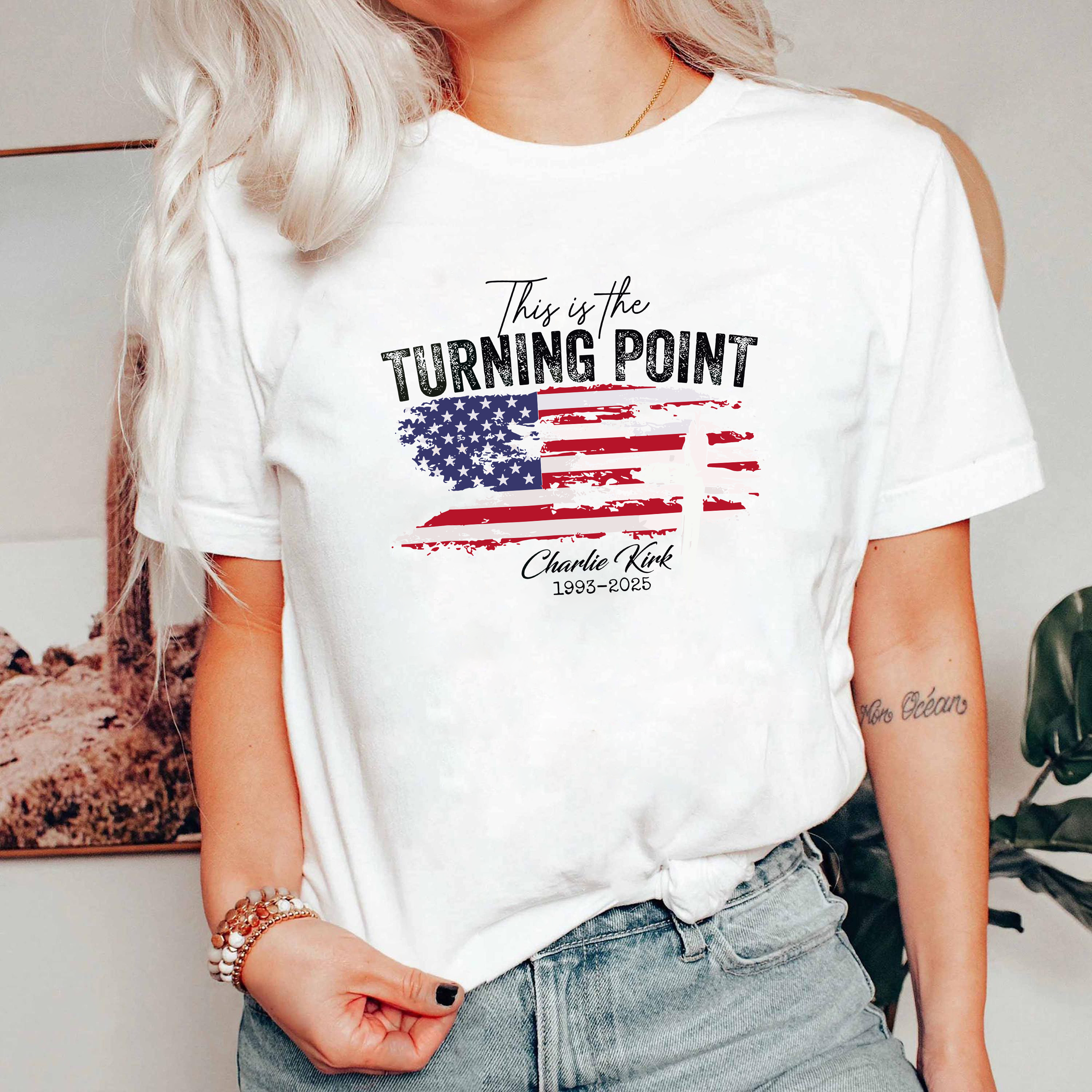 This Is The Turning Point Shirt, American Flag Cross Tee, Charlie Kirk Tribute T Shirt, Patriotic Faith Graphic Tee