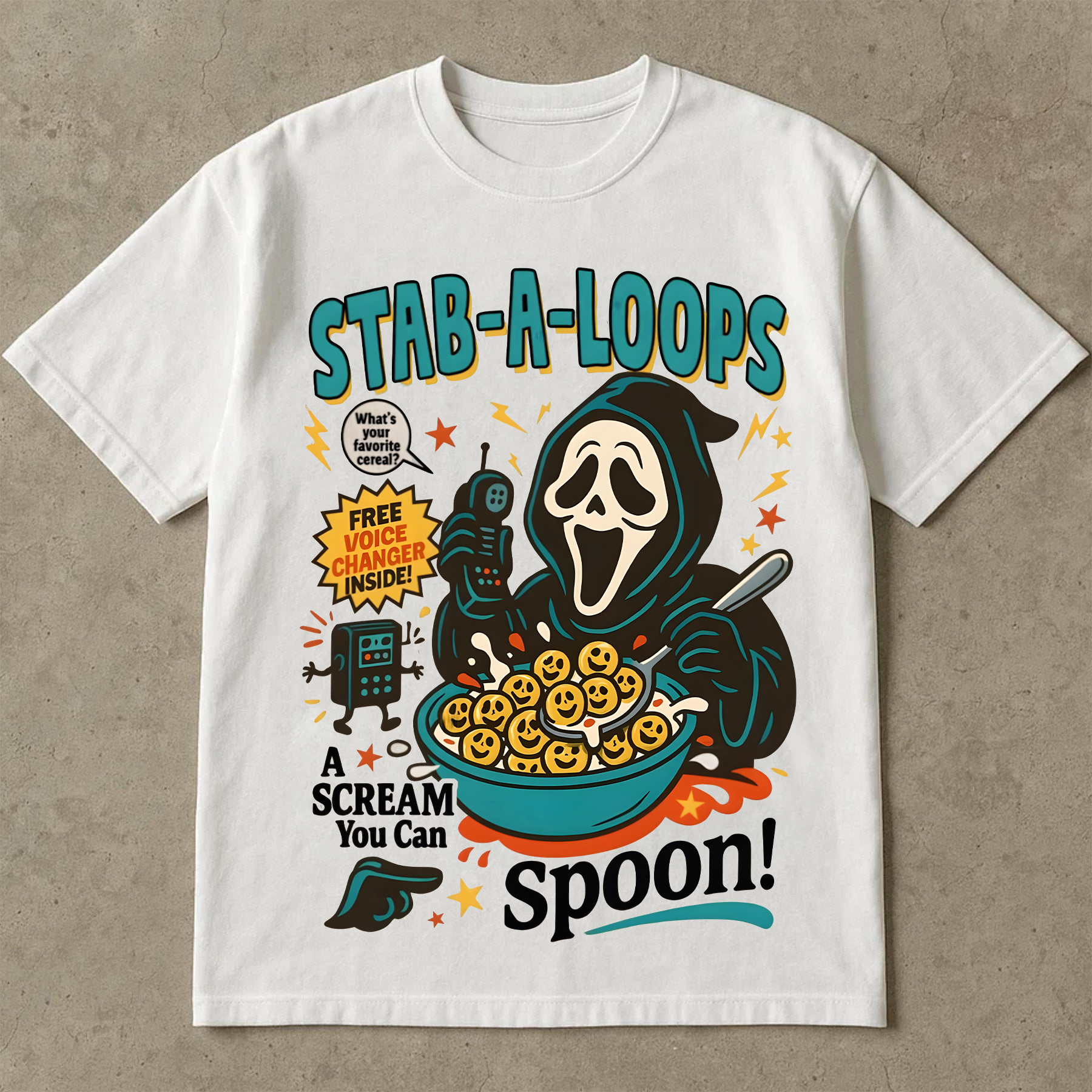 Stab-A-Loops Horror Cereal Box Halloween T-Shirt, Spooky Cereal Box Shirt, Killer Breakfast Halloween Tee, Slashers Crunch Graphic T-Shirt