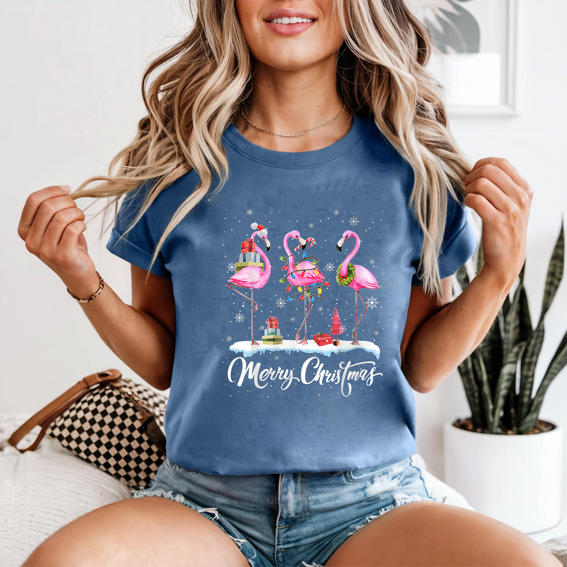 Flamingo Christmas Shirt, Cute Holiday Bird Tee, Tropical Xmas Outfit, Festive Gift Top, Funny Pink Flamingo Christmas Lights Shirt
