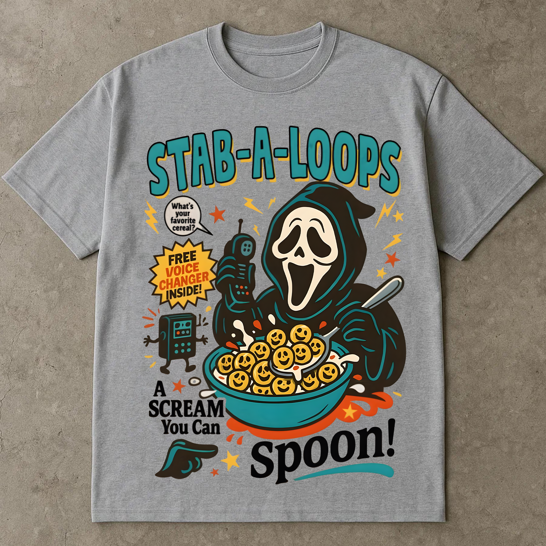 Stab-A-Loops Horror Cereal Box Halloween T-Shirt, Spooky Cereal Box Shirt, Killer Breakfast Halloween Tee, Slashers Crunch Graphic T-Shirt