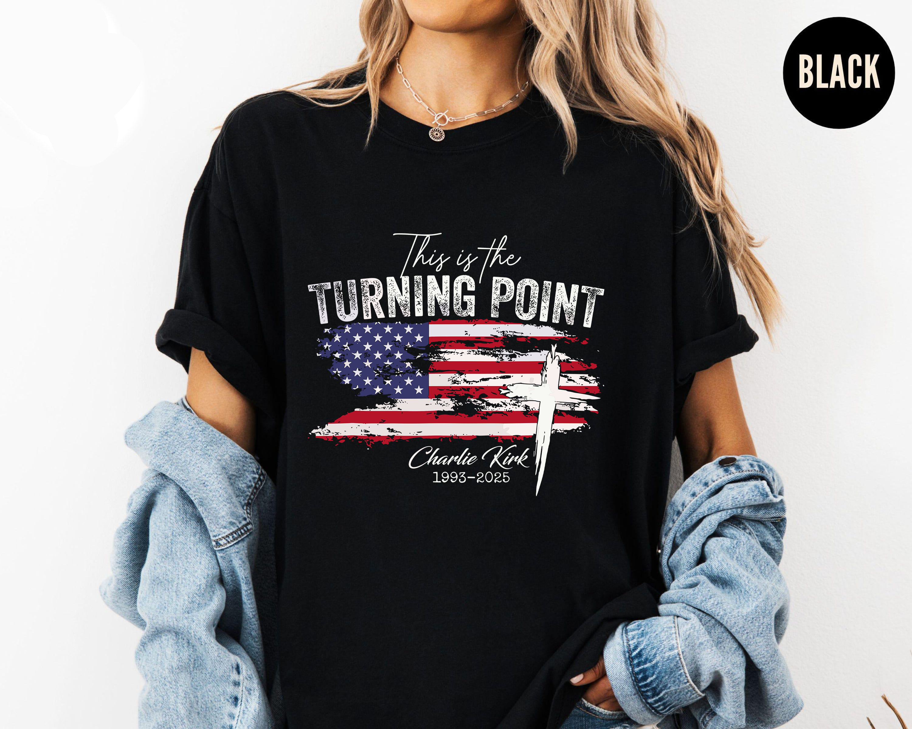 This Is The Turning Point Shirt, American Flag Cross Tee, Charlie Kirk Tribute T Shirt, Patriotic Faith Graphic Tee